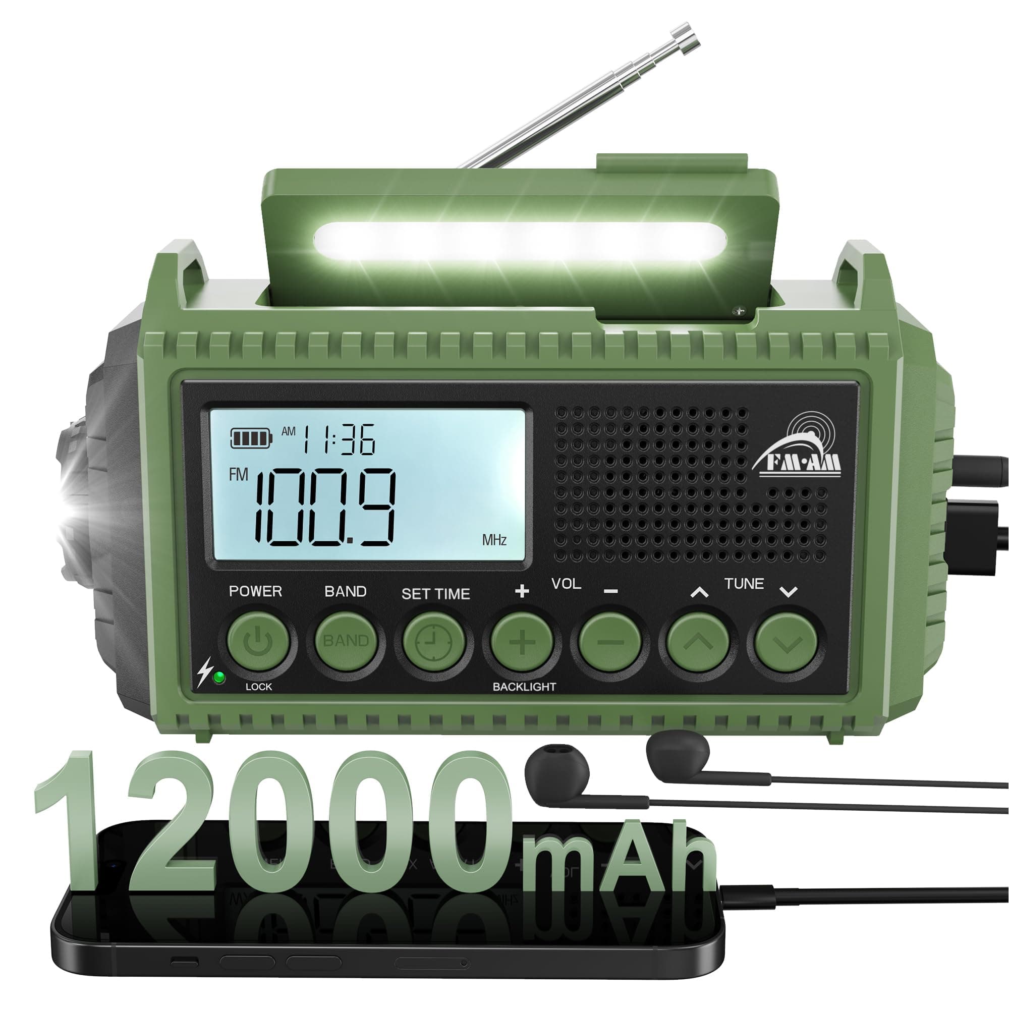 Radio Emergencia 12000mah, FM/Am/SW Radio Portatil Solar Dinamo, Bateria Recargable, Lámpara Lectura, Linterna, SOS, USB/Tipo C, Resistente a La Lluvia, Al Viento y a Los Golpes