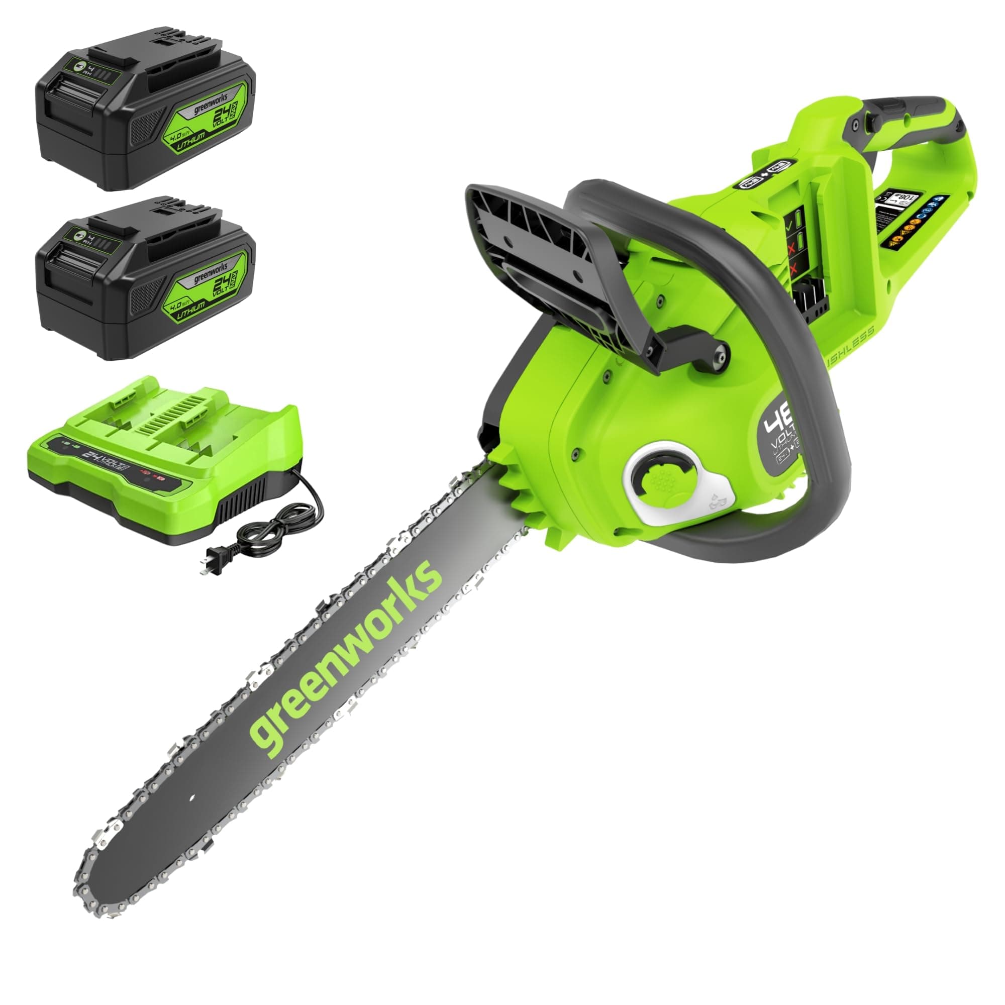 Greenworks 48V (24V x 2) 35cm Motosega a Batteria con Motore Brushless, con due 4 Ah Batteries Caricabatterie Gemello,Velocità Catena 20m/s, Garanzia 3 Anni-GD24X2CS36K4X