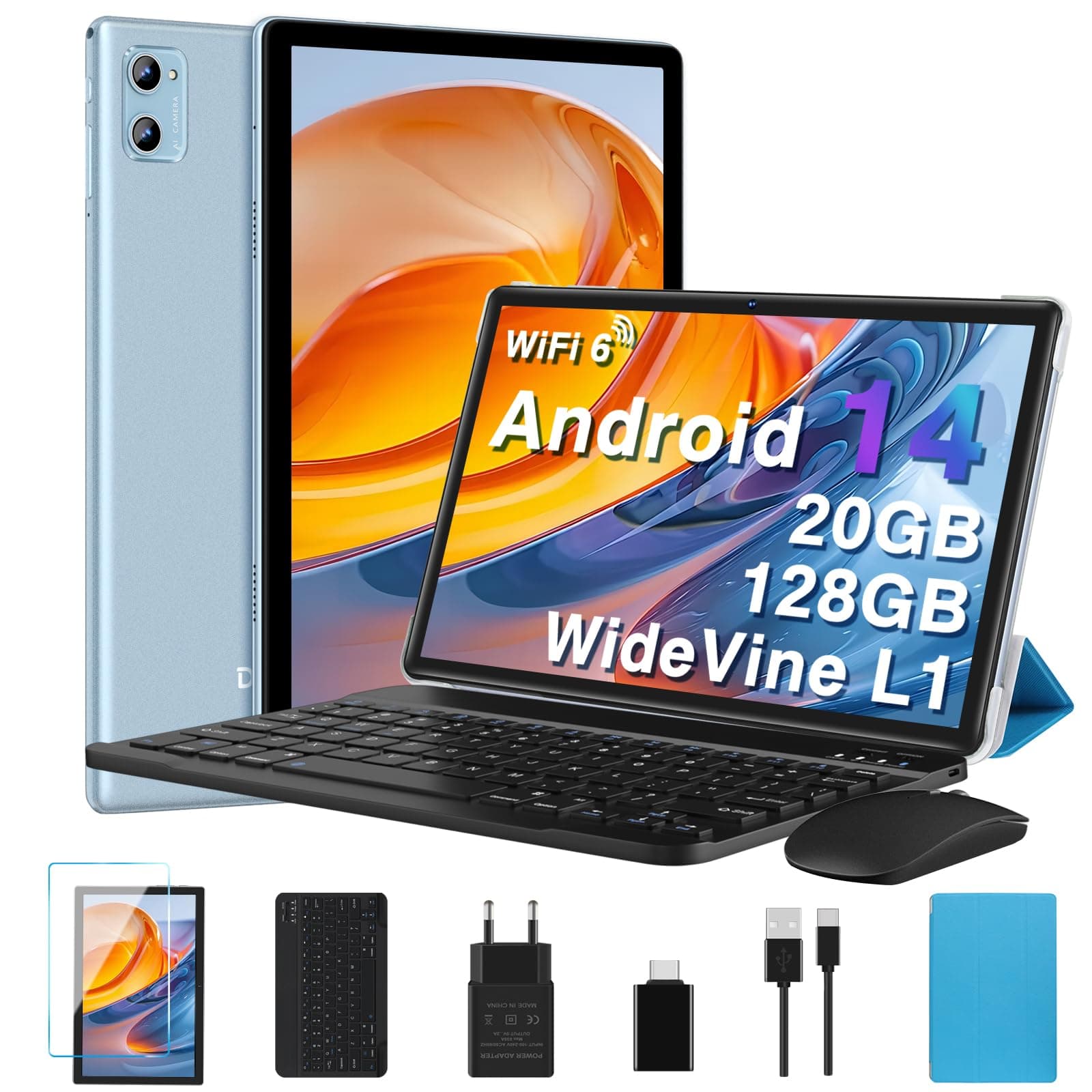 2026 Tablette 10 Pouces Android , 20 Go RAM + 128 Go ROM (TF 2 To), Octa Core/5G+2,4G Wi-Fi 6/Bluetooth 5.0/6000 mAh/Widget/8 MP + 5 MP/Widevine L1/GMS ,Tablette 2 en 1 avec Clavier et Souris - Bleu
