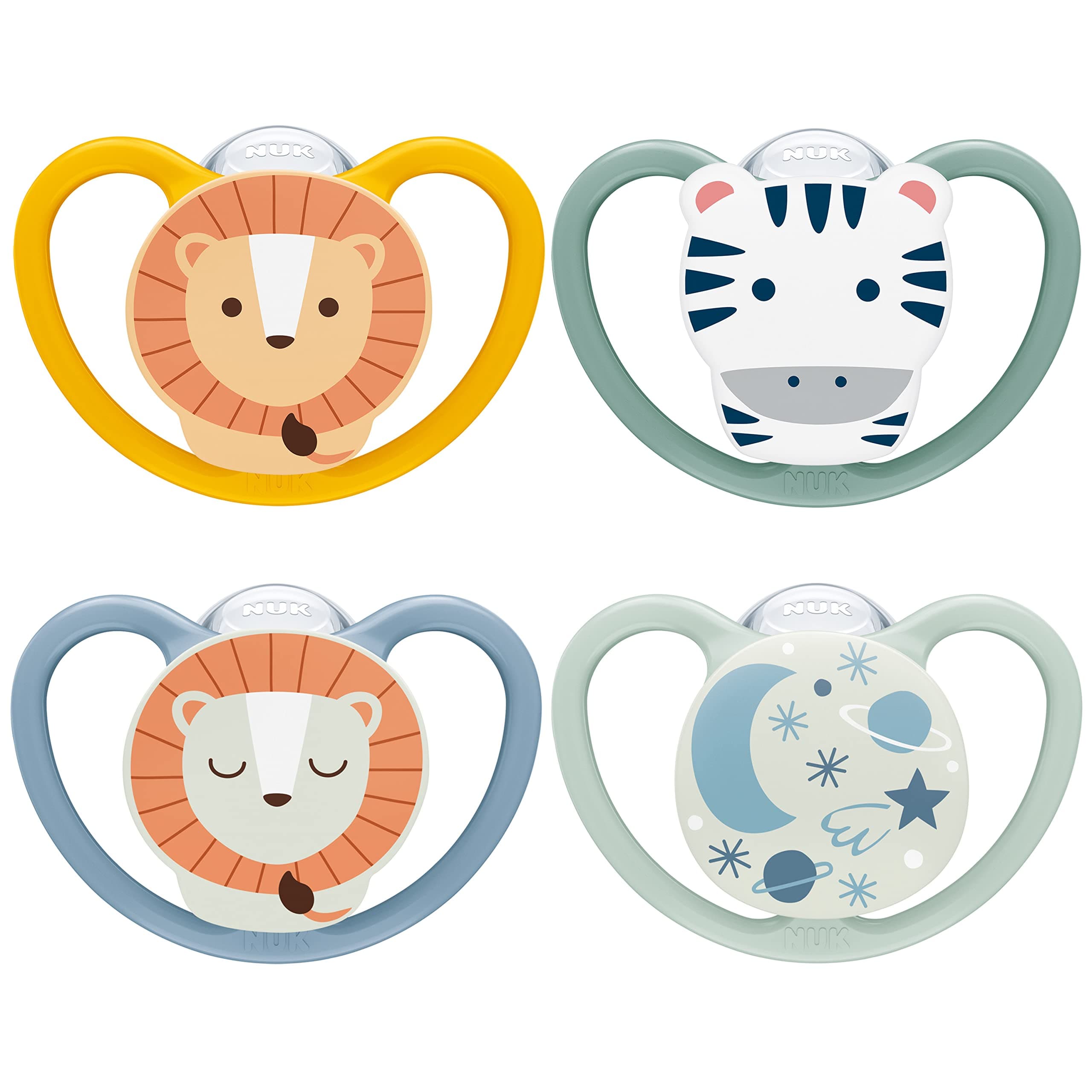 NUK Space Day & Night Babyschnuller | 6-18 Monate | Im Dunkeln leuchtende Schnuller mit zusätzlichen Öffnungen für sensible Haut | BPA-freies Silikon | Zebra & Löwe | 4 Stück