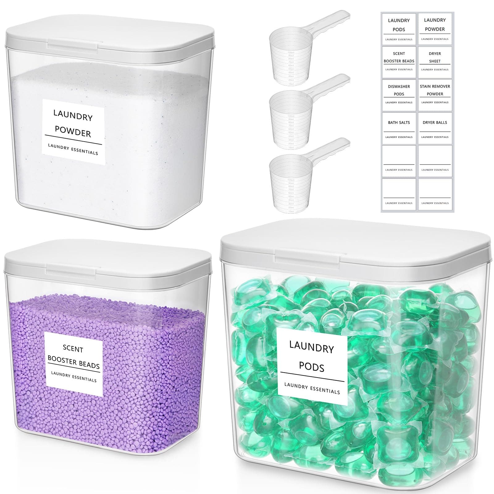 Lifewit 2700 x2+4500 ml/0.72x2+1.2gal Waschmittel Aufbewahrung für Wäsche Pods mit Druckverschluss, Waschpulver Aufbewahrungsbox mit Etikette und Löffel, Waschmittelbox für Pulver Duft-Booster,3 Stück