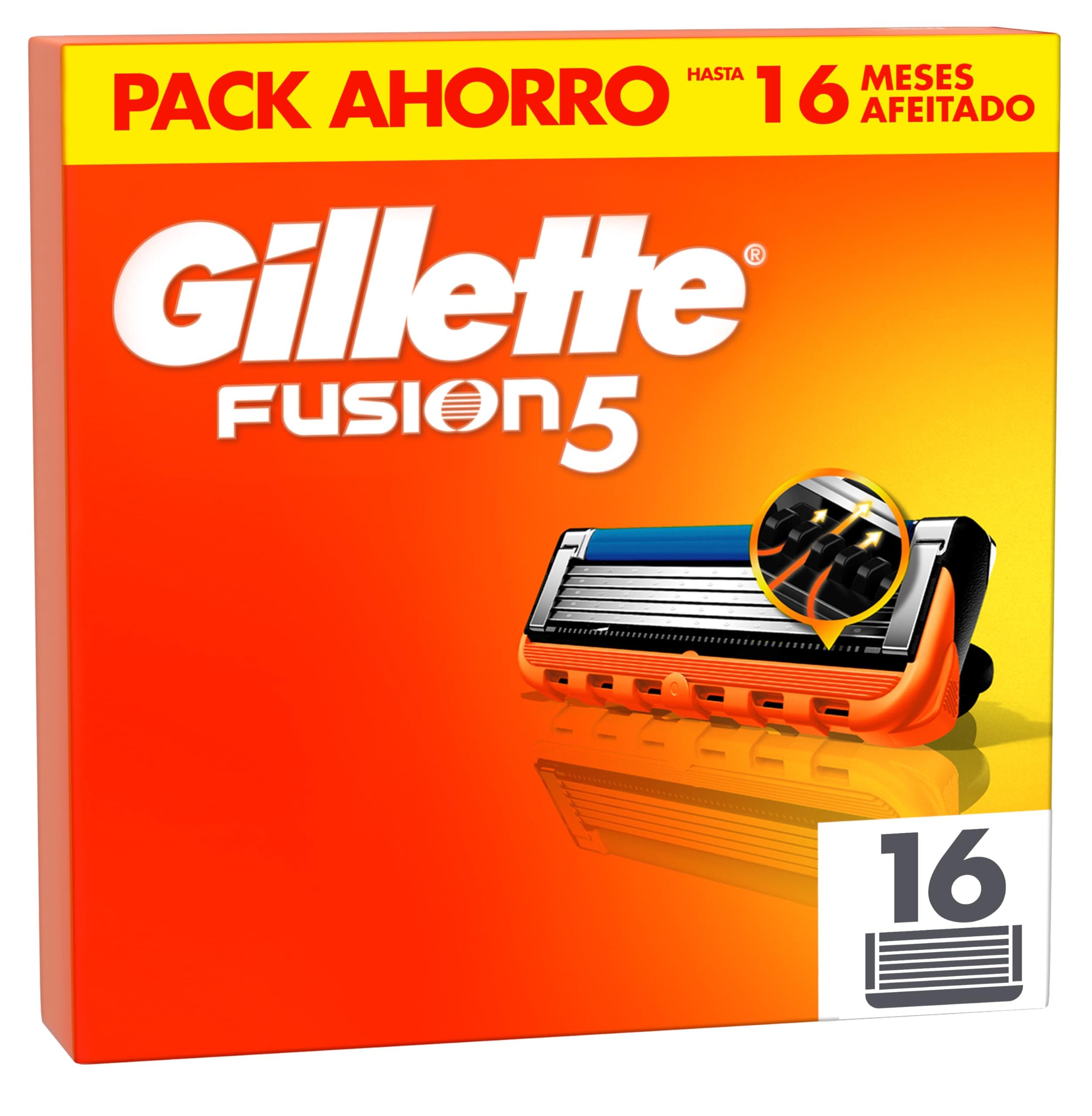 Gillette Fusion5 Pack de 16 Recambios Para Maquinillas De Afeitar, Cuchillas De Afeitar Con 5 Hojas, Banda De Gel Lubricante y Recortadora De Precisión