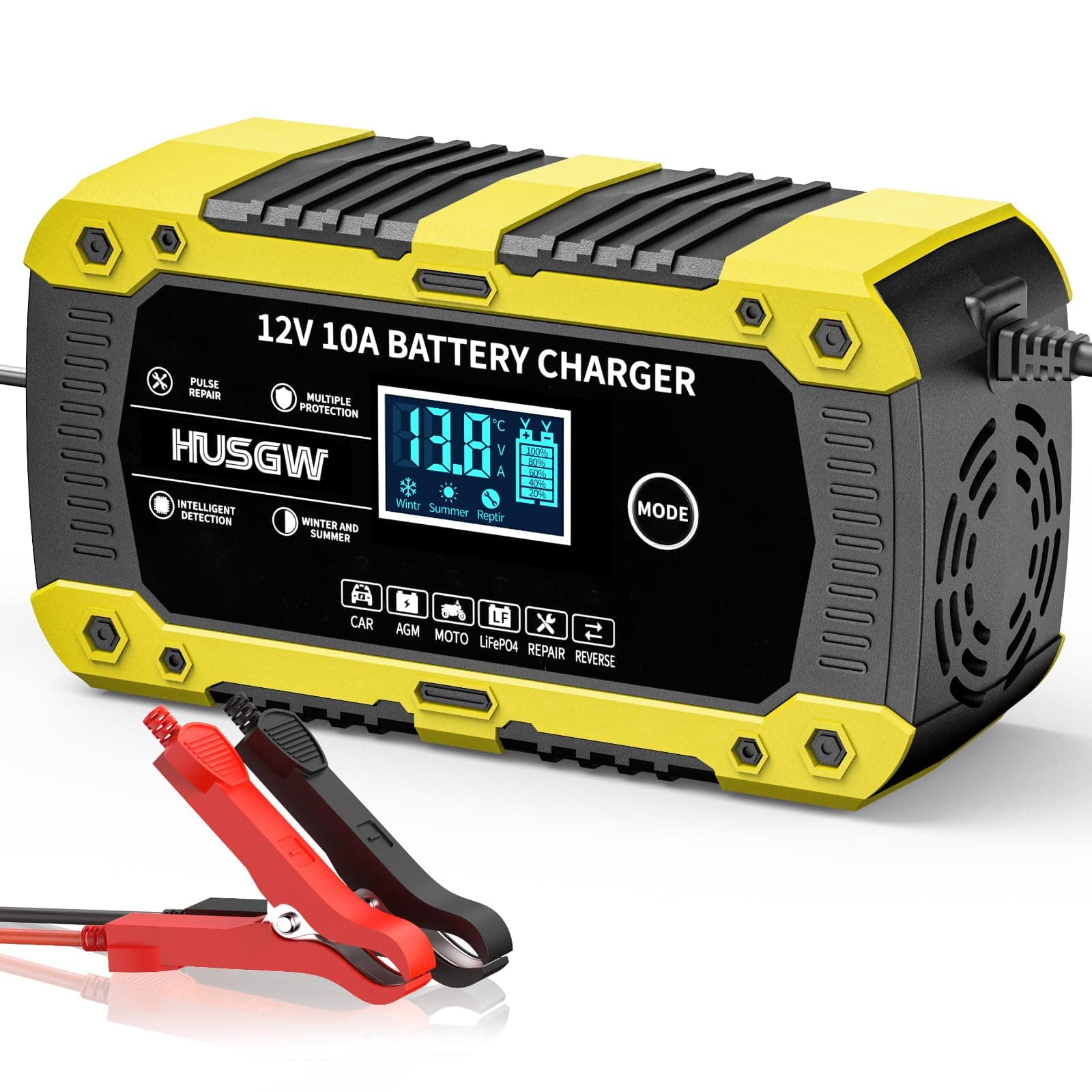 10A 12V Caricabatterie per Auto, Multi Protezioni Caricabatterie per Moto, Intelligente Carica Batteria con Schermo LCD per Moto, Auto, Batteria AGM, Barche (Giallo 10)