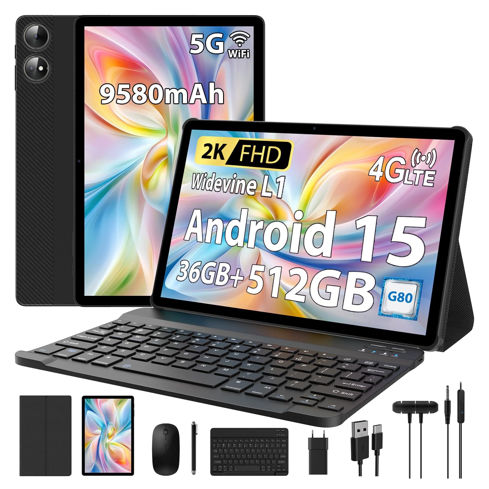 PIXGOOD 2K Tablet 11 Pulgadas, 36GB RAM+512GB ROM (2TB TF), Android 15, 4G SIM LTE+5G WiFi, 2000 * 1200, Octa-Core, 9580mAh, WidevineL1, 13MP+8MP, GPS, Bluetooth-Tablet con Teclado ect(Negro)