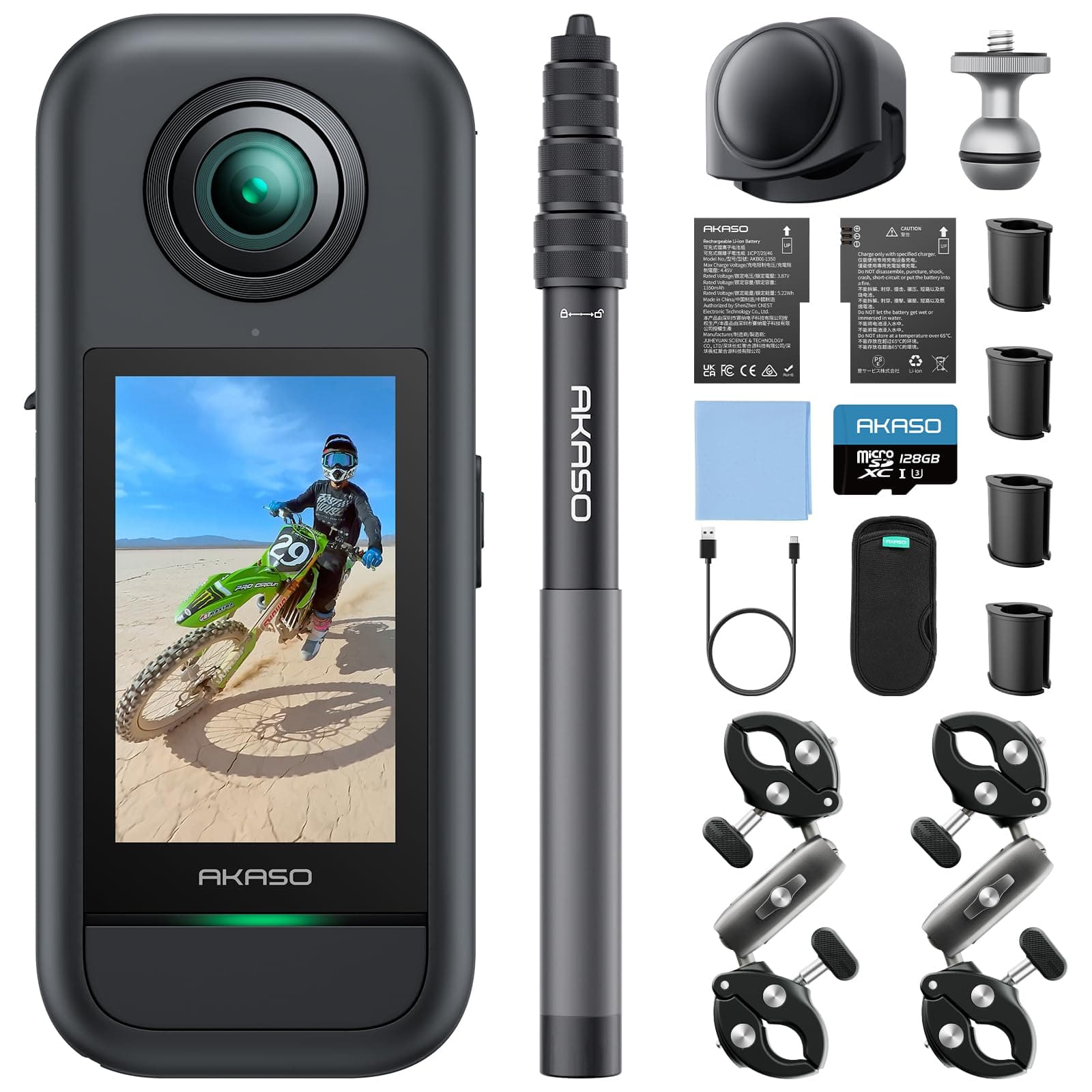 AKASO 360 Cámara de acción 360 Kit de Moto, con 128GB Tarjeta de Memoria, Sensor de 1/2", 5.7K 360, Fotos 72MP, Pantalla táctil de 2.29", Cámara Deportiva 360