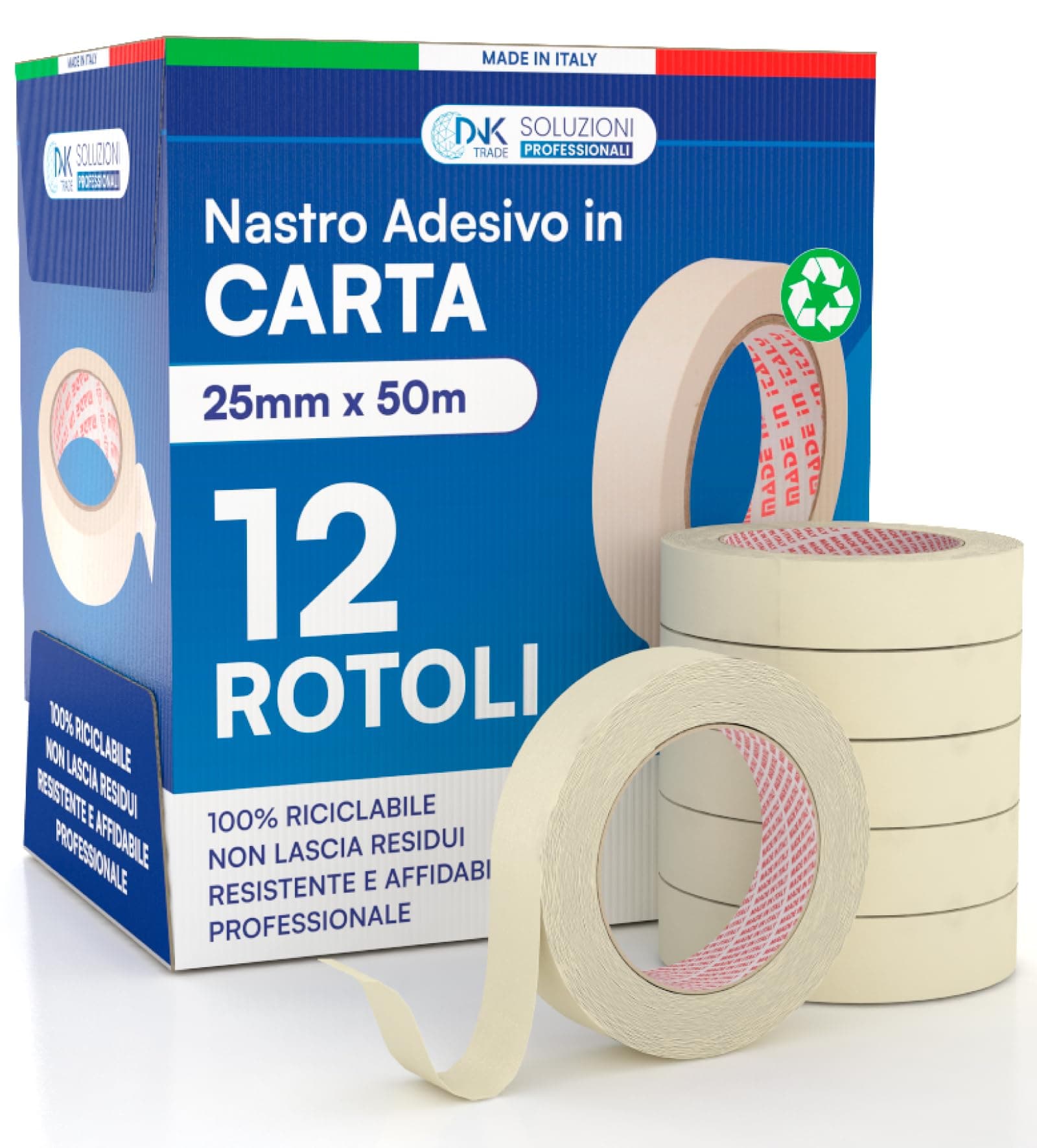 DNK TRADE Nastro di Carta - 12 Rotoli di Nastro da Imbianchini 25mm x 50m - Carta Gommata Professionale 25x50 Riciclabile per Mascheratura Pittura e Imbiancatura