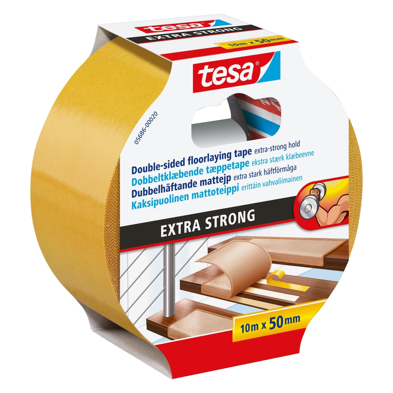 tesa Extra Strong Ruban Adhésif Double Face de Fixation pour Sols Irréguliers – Rouleau Auto-Adhésif Antidérapant pour Moquette et Revêtements de Sol en PVC – 10 m x 50 mm