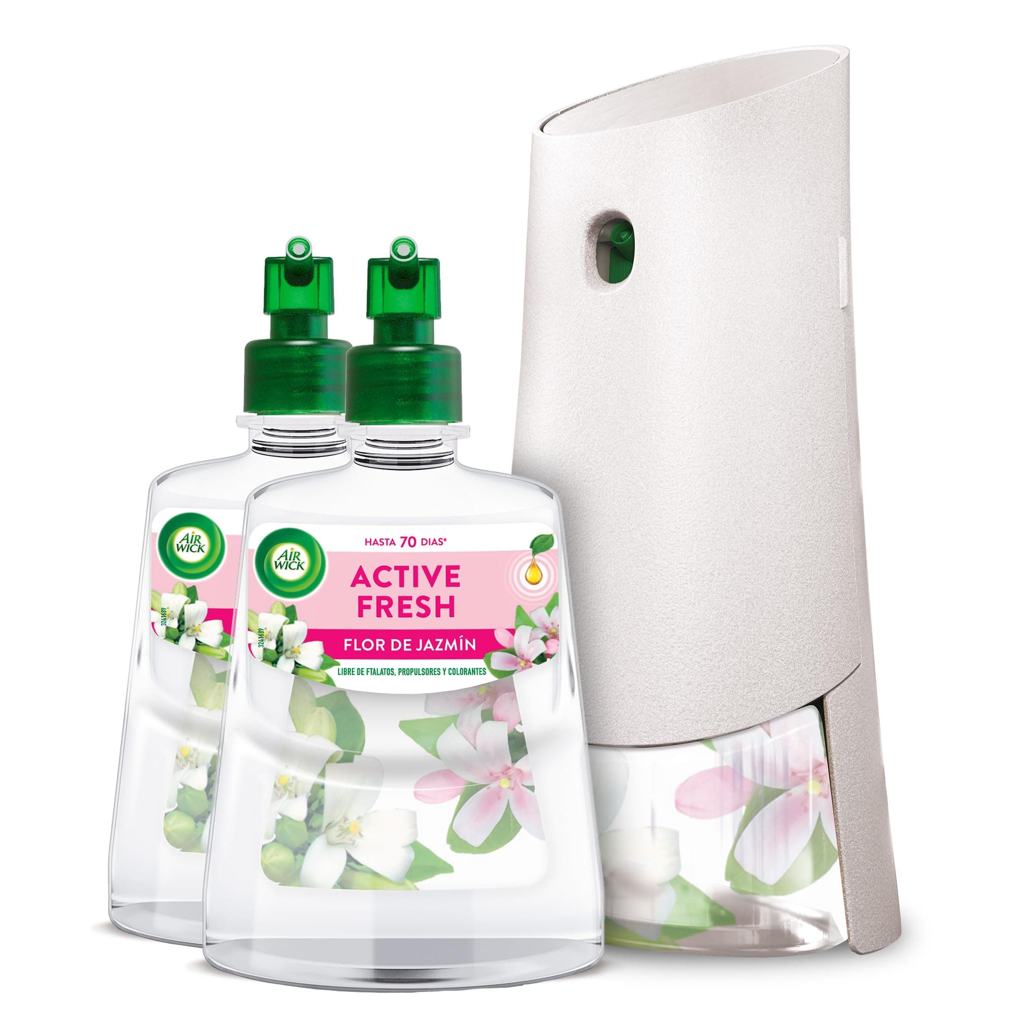 Air Wick Spray Automático Sin Aerosol, Ambientador Hogar Fragancia Flor de Jazmín, 1 Aparato, 2 Recambios, 24 x 7 Active Fresh Neutralizador de Olores, hasta 70 Días de Frescor