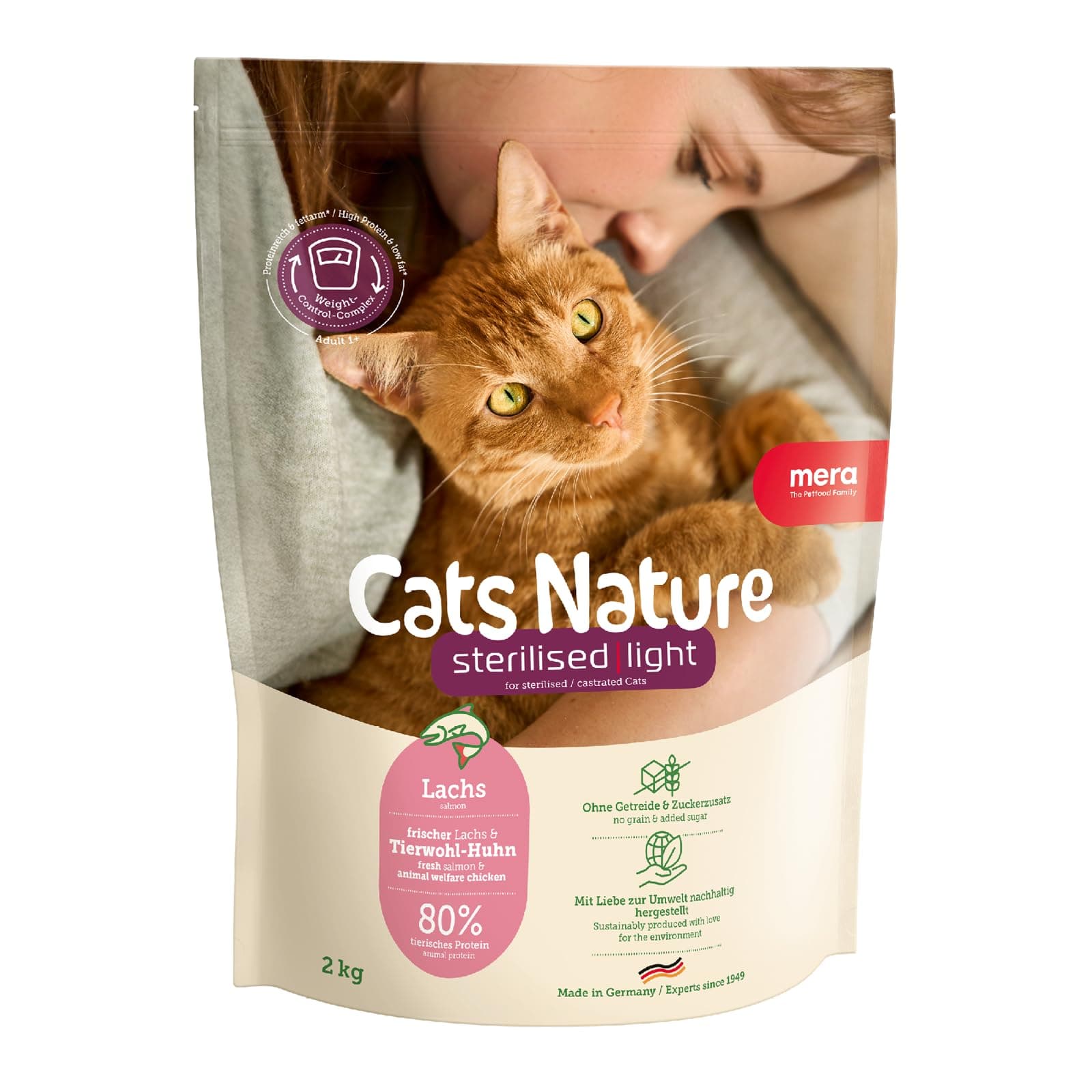 MERA Cats Nature Sterilised/Light Lachs Katzenfutter Trocken 2kg für sterilisierte/kastrierte Katzen | Getreidefrei & zuckerfrei | fettarmes Katzen Trockenfutter hoher Fleischanteil