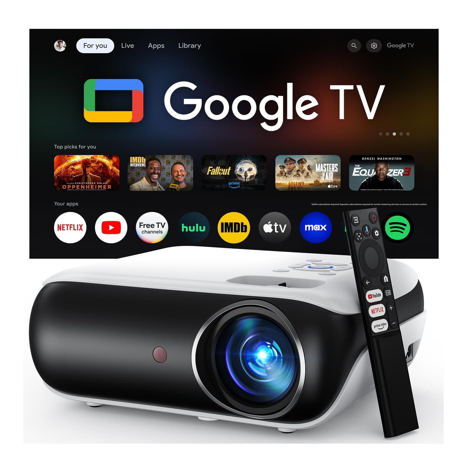 【Google TV Official】 Smart Mini Proyector 4K, HAPPRUN 1000 ANSI 1080P Full HD Proyector con Dolby Audio, WiFi6 Bluetooth5.2 Projector Cine en Casa, Control de Voz, con Netflix, Prime Video, Youtube