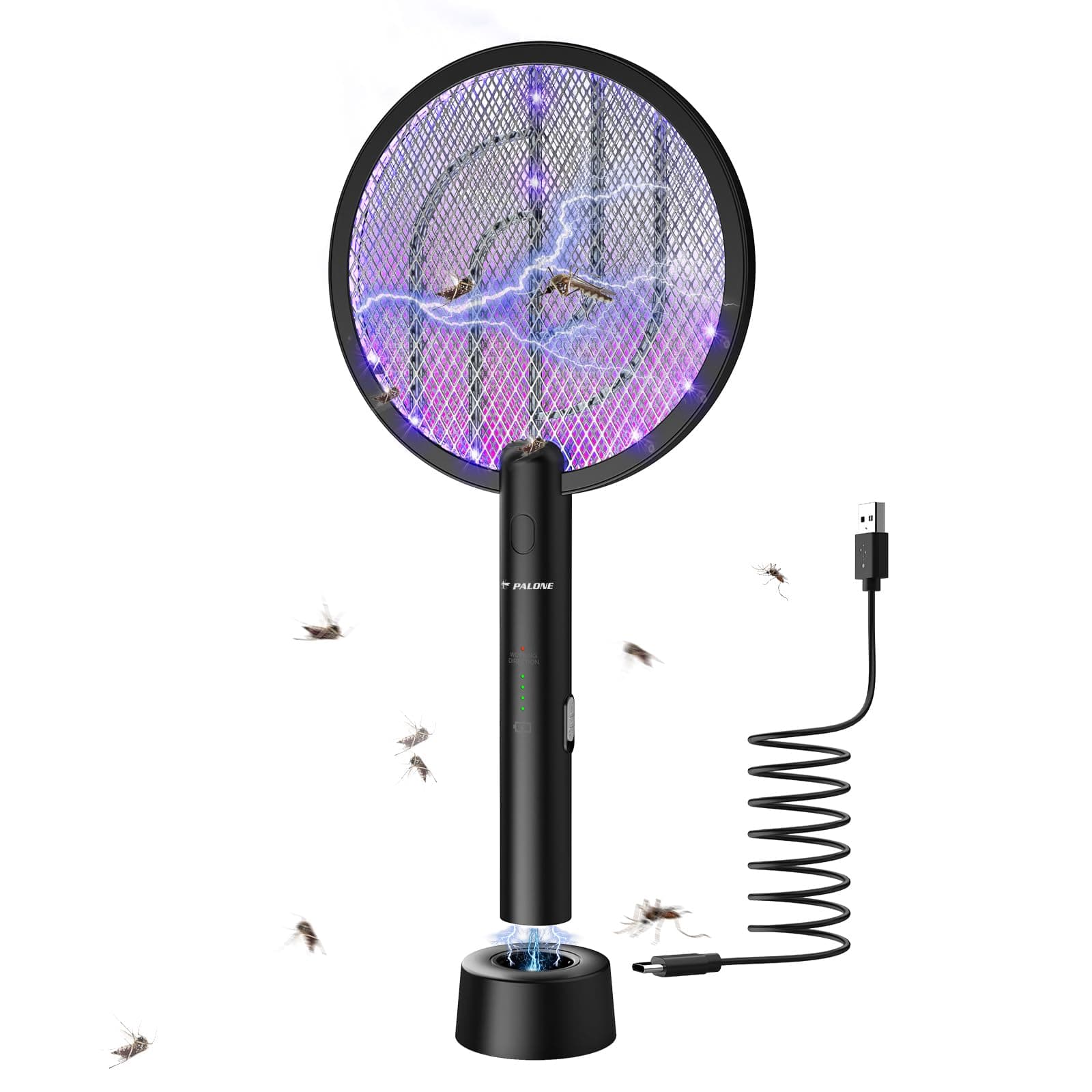PALONE Racchetta Zanzare Elettrica, 4000V con USB Ricaricabile LED 2-In-1Racchetta Zanzare Elettrico, Protezione Maglia a 3 Strati, Adatto per Casa Giardino Campeggio Interni ed Esterni
