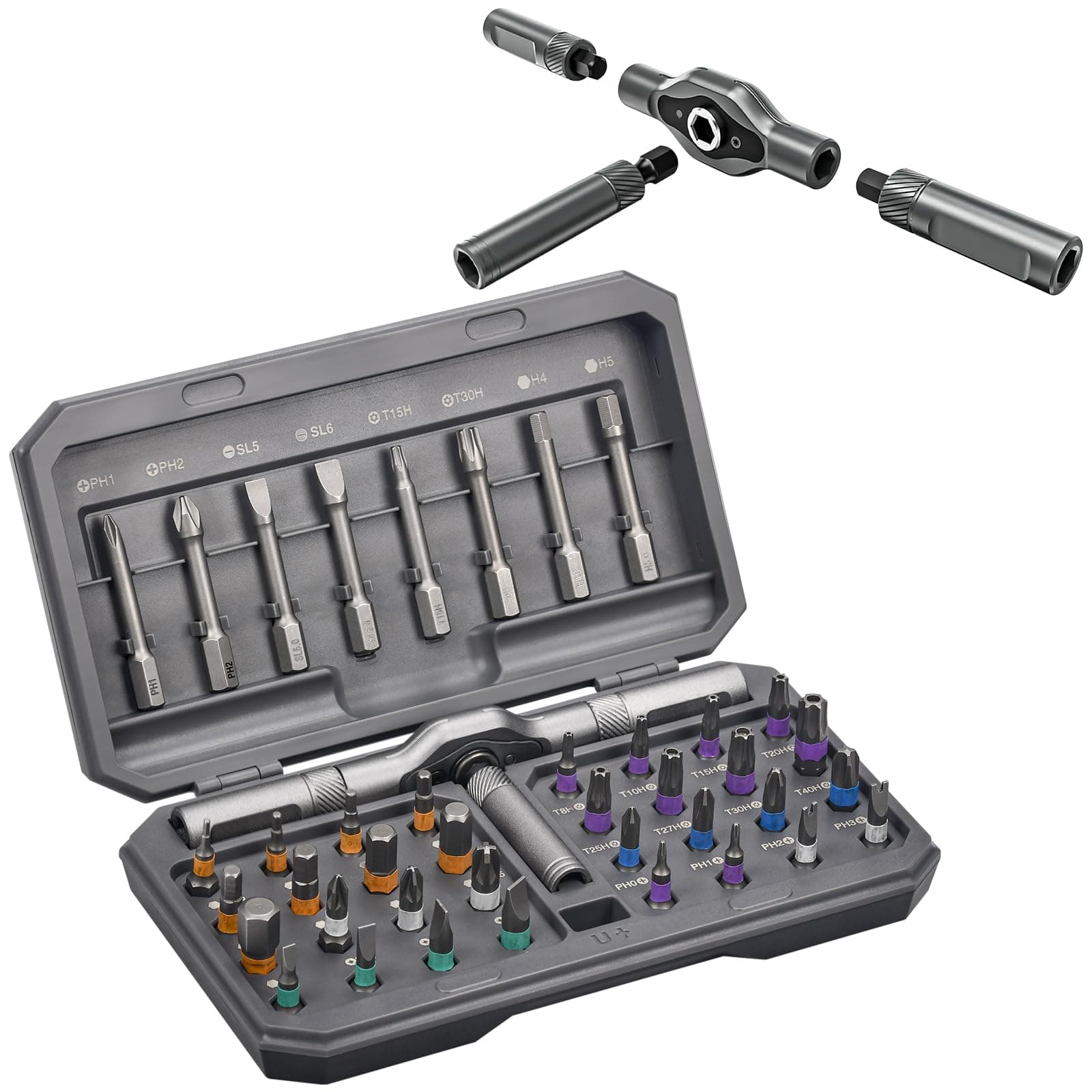 Koeutoze Set di Cacciaviti Magnetici 42 in 1, Cacciaviti Multi-bit con Impugnatura a Cricchetto Rimovibile, Set di Cacciaviti con 40 punte Colori Codificati, Utensili Precisione per Riparazioni