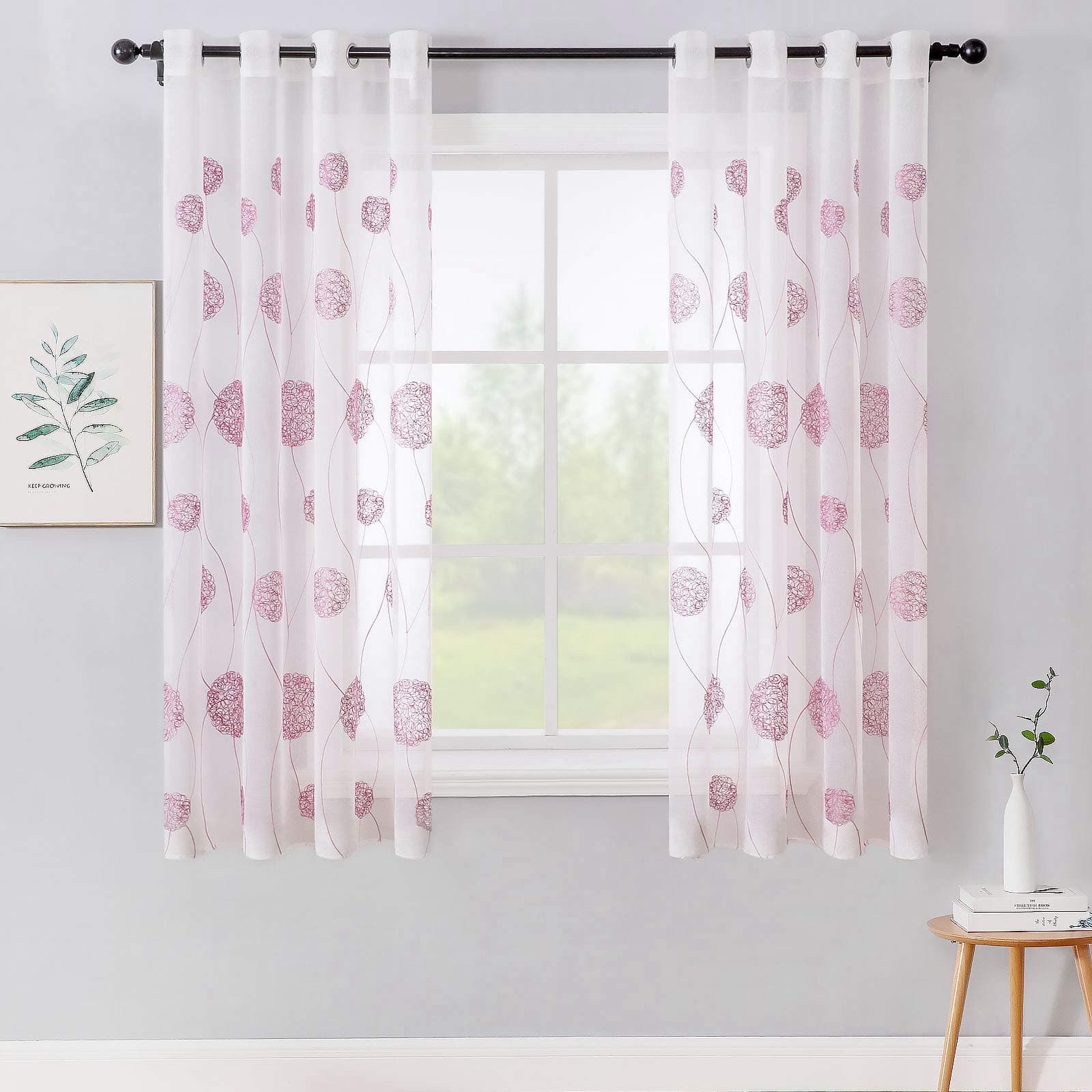MIULEE Vorhänge mit Florales Stickerei, Gardinen Weiß mit Rosa Muste für Wohnzimmer, Schlafzimmer Vorhang Transparent mit Ösen, 2er Set Voile Blumen Durchsichtig Vorhänge, Jeder H 160 X B 140cm