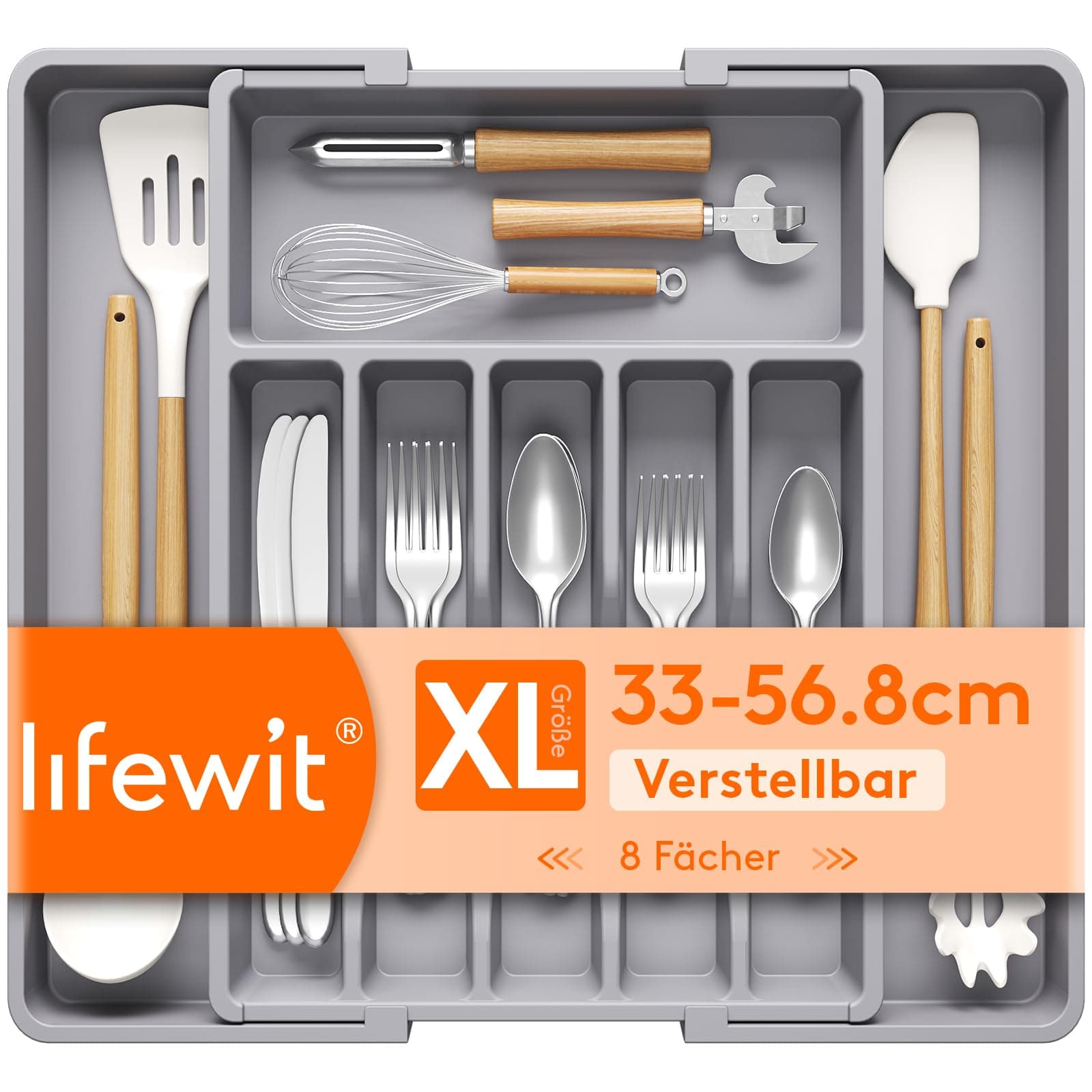 Lifewit Besteckkasten für Schubladen, verstellbarer Kunststoff Organizer Küche Tiefe 42,4 cm, Besteckeinsatz 6-8 Fächer, erweiterbar bis 57 cm, für Löffel und Gabeln, Grau, extra Groß