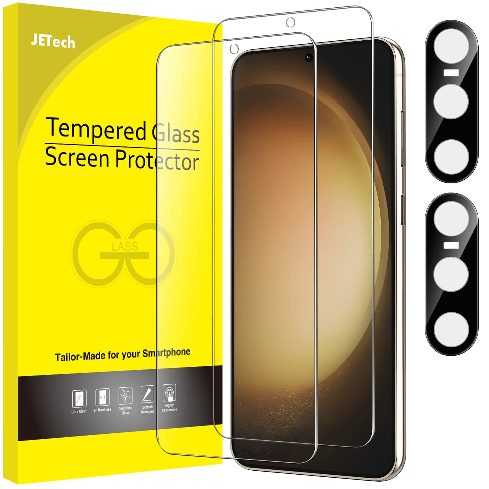 JETech Schutzfolie für Samsung Galaxy S23 5G 6,1 Zoll mit Kameraschutz, Panzer Schutz Glas Folie Displayschutz Kamera, Fingerabdruck-ID-Kompatibel, HD Klar, 2 Stück Jeweils