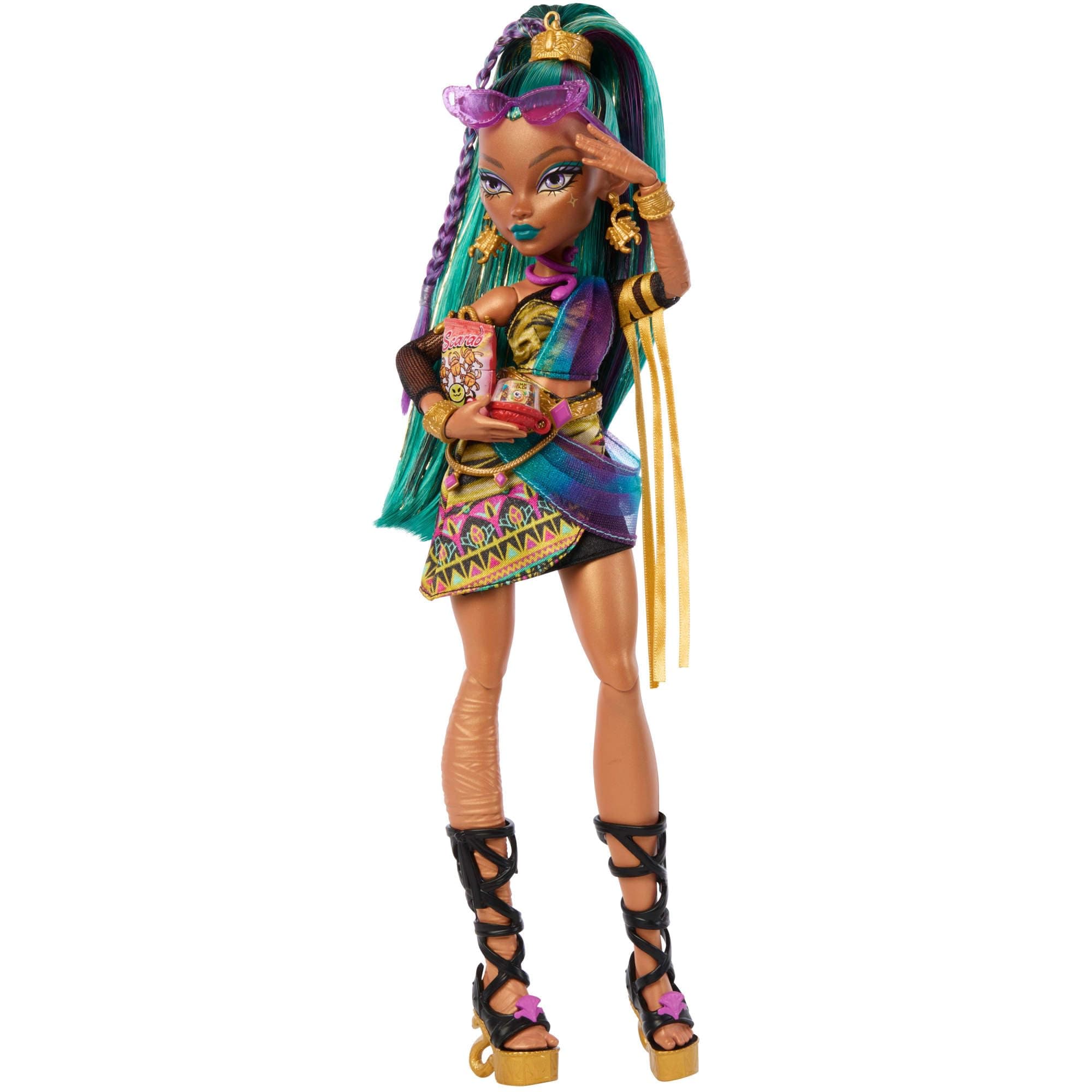 Monster High Nefera De Nile Puppe, Königsmumie im Kleid mit Haustier-Skarabäus Lavish und 7 Zubehörteilen wie Handtasche, Laptop, Sonnenbrille, Getränk und Snacks, JDR48