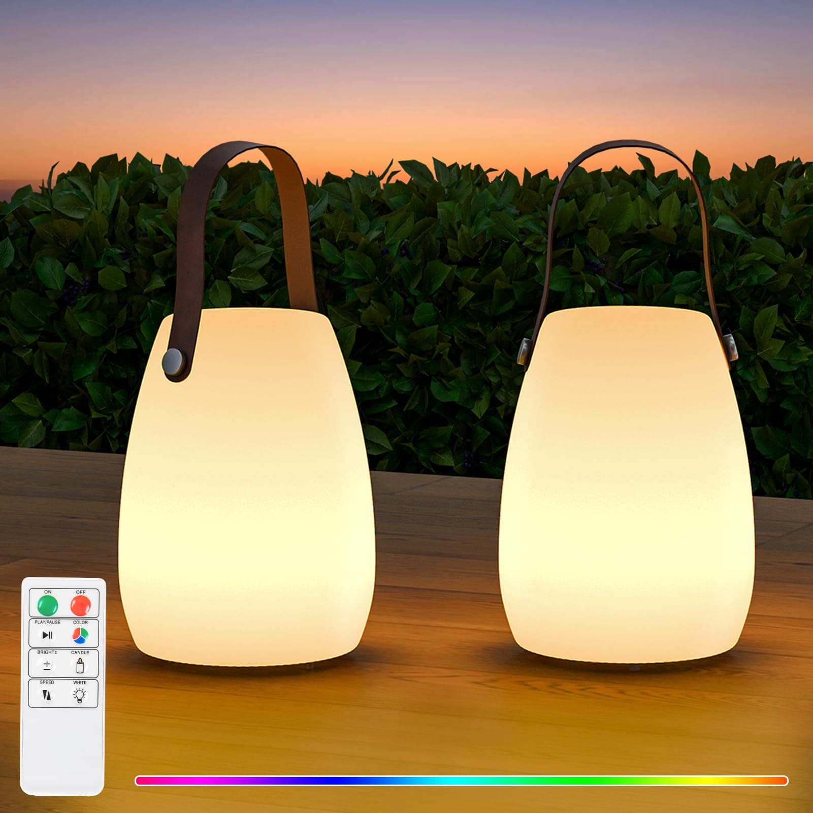RWWR Lot de 2 lampes LED d'extérieur - Petite lampe de table sans fil - 8 couleurs - Lampe de table à intensité variable avec télécommande IP44 - Pour camping, jardin, balcon, terrasse (poignée de