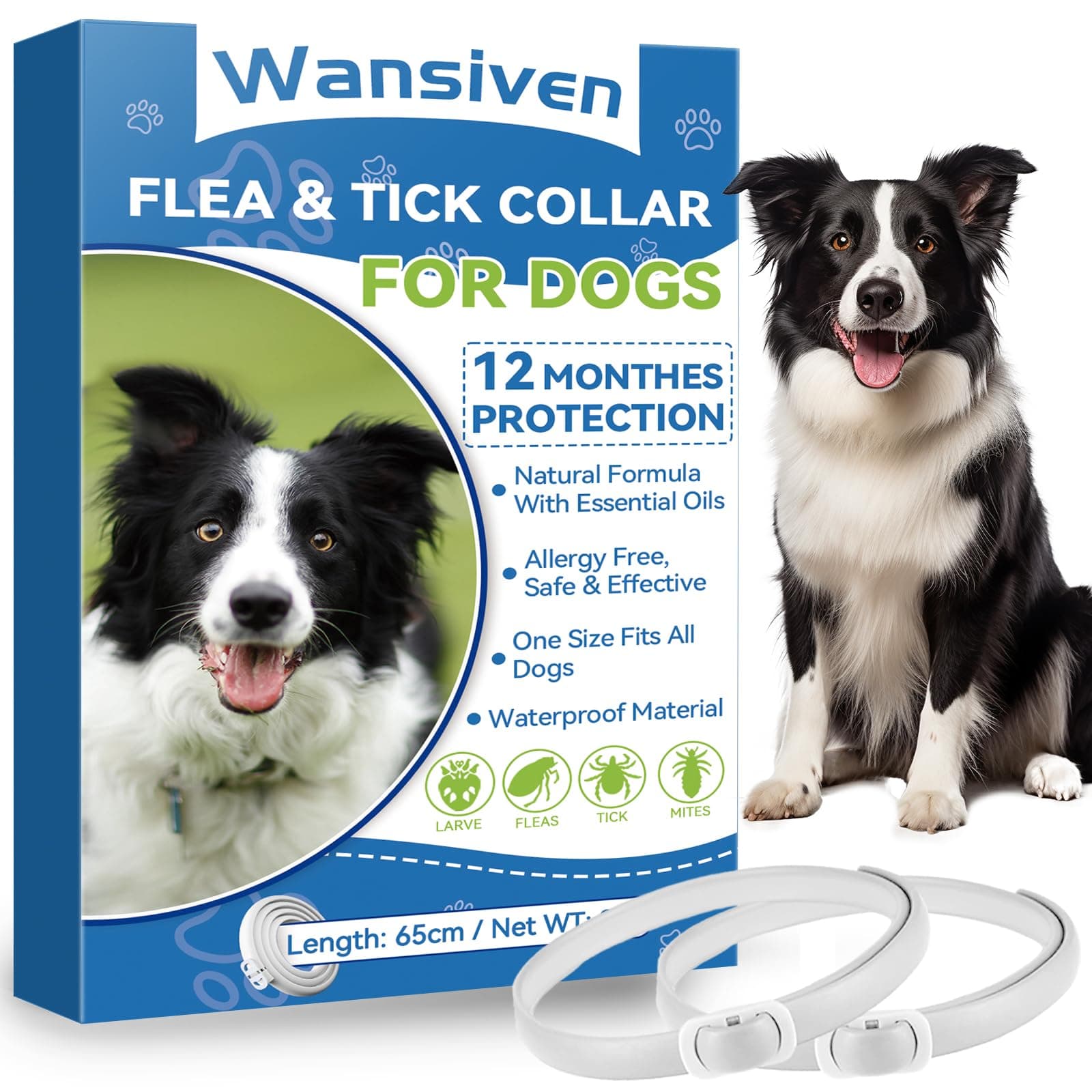Wansiven Collar Antipulgas para Perros, Collar Antiparasitario e Impermeable de 65cm para Perros, 12 Meses (2pack)