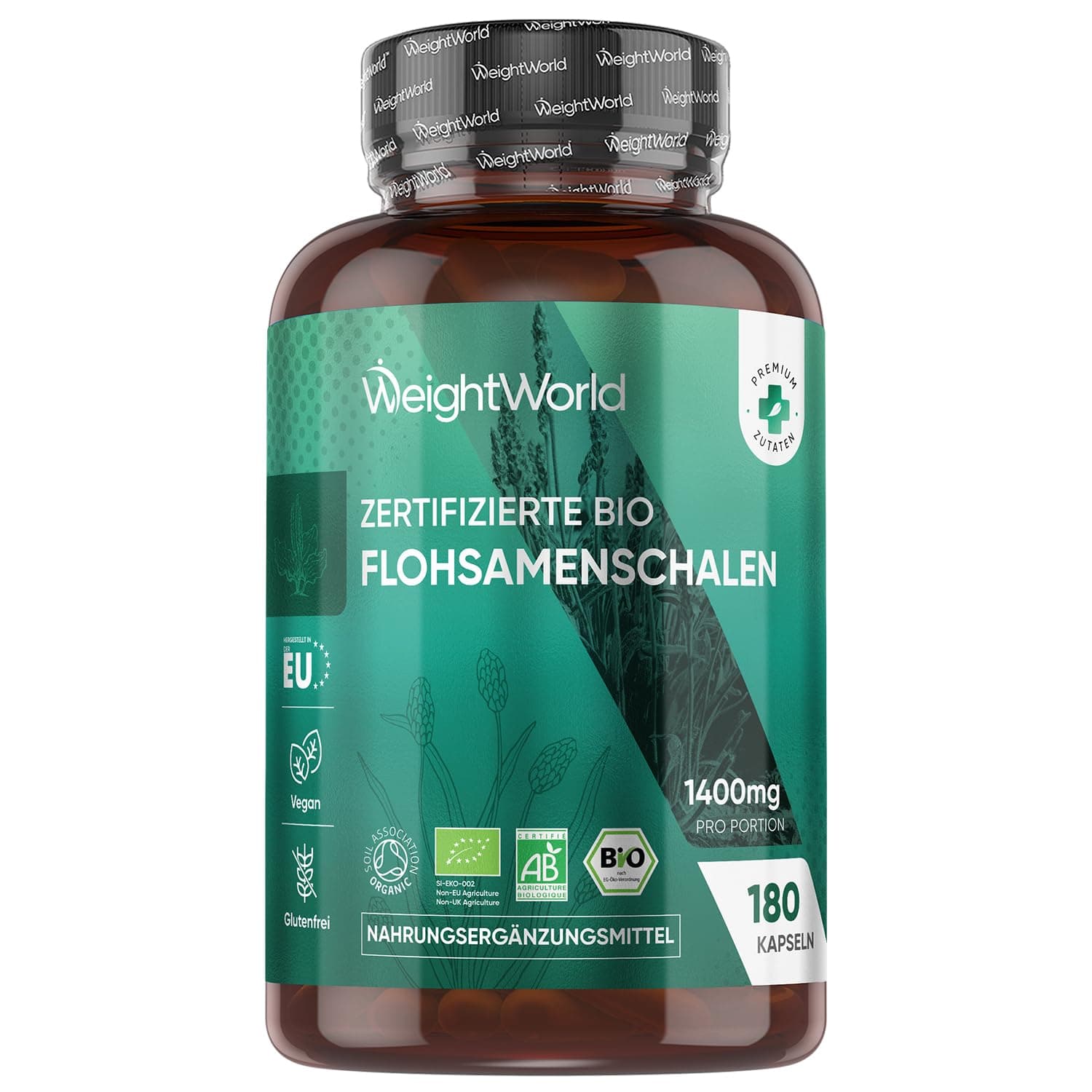 Bio Flohsamenschalen Kapseln 1400mg pro Portion - 3 Monate Vorrat - 180 vegane Kapseln - Psyllium Husk - Glutenfrei & Ohne Gentechnik - Zertifiziertes Bio Flohsamenschalenpulver von WeightWorld