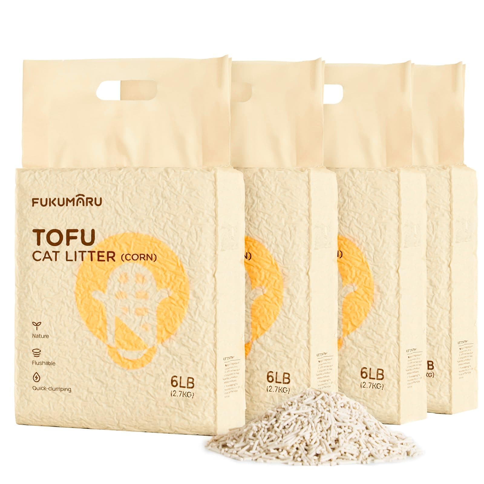 FUKUMARU Litière pour Chat en Tofu Naturelle Non Parfumée, 24L sans Poussière, Agglomérante Rapide, Légère, Granulés de Litière Chat à Faible Taux de Traçage, Contrôle des Odeurs