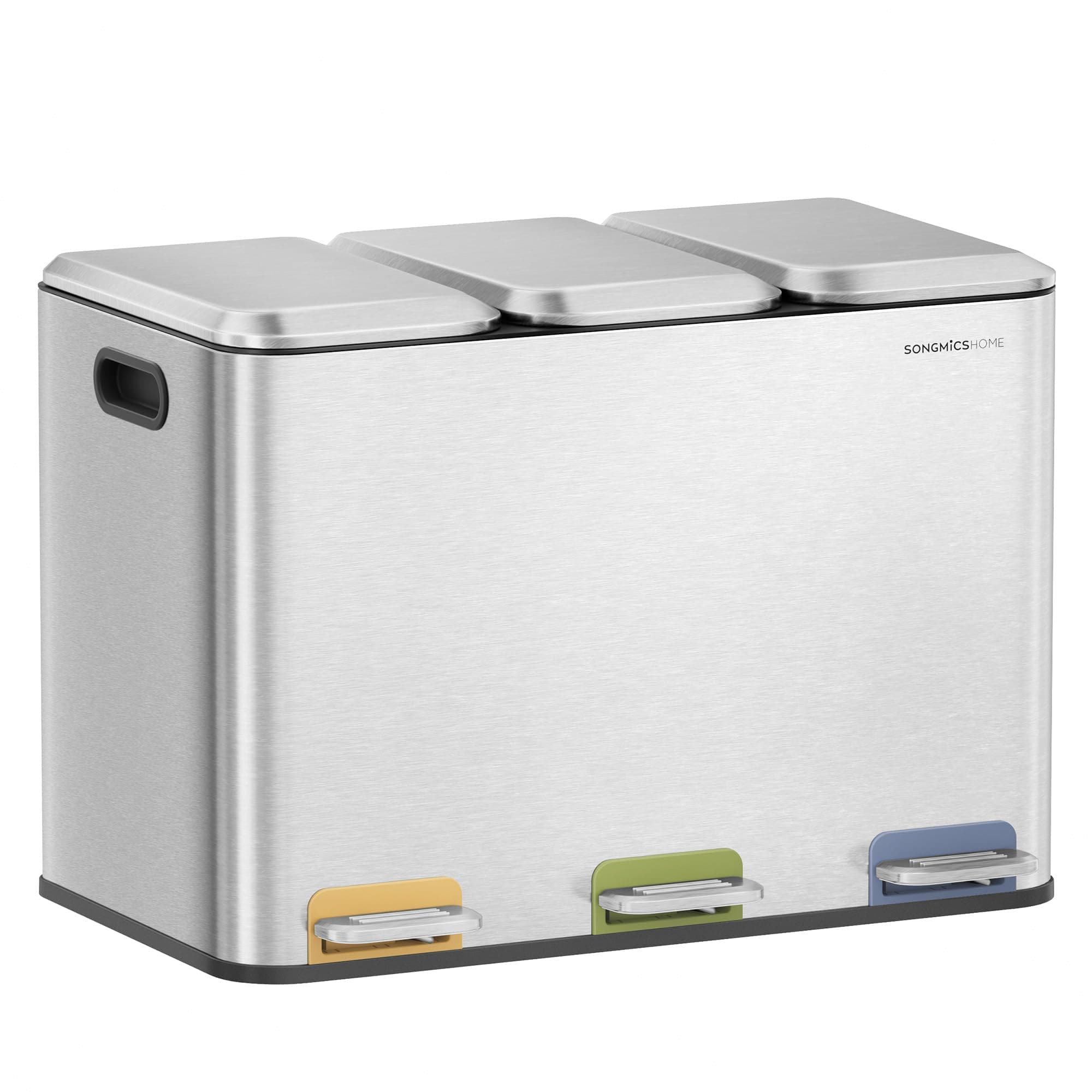 SONGMICS HOME Cestino da Cucina Tripla, Pattumiera per Raccolta Differenziata 3 x 15 L con Pedali Colorati, Raccolta Differenziata, Coperchio e Secchi Interni, Acciaio, Argento Metallizzato
