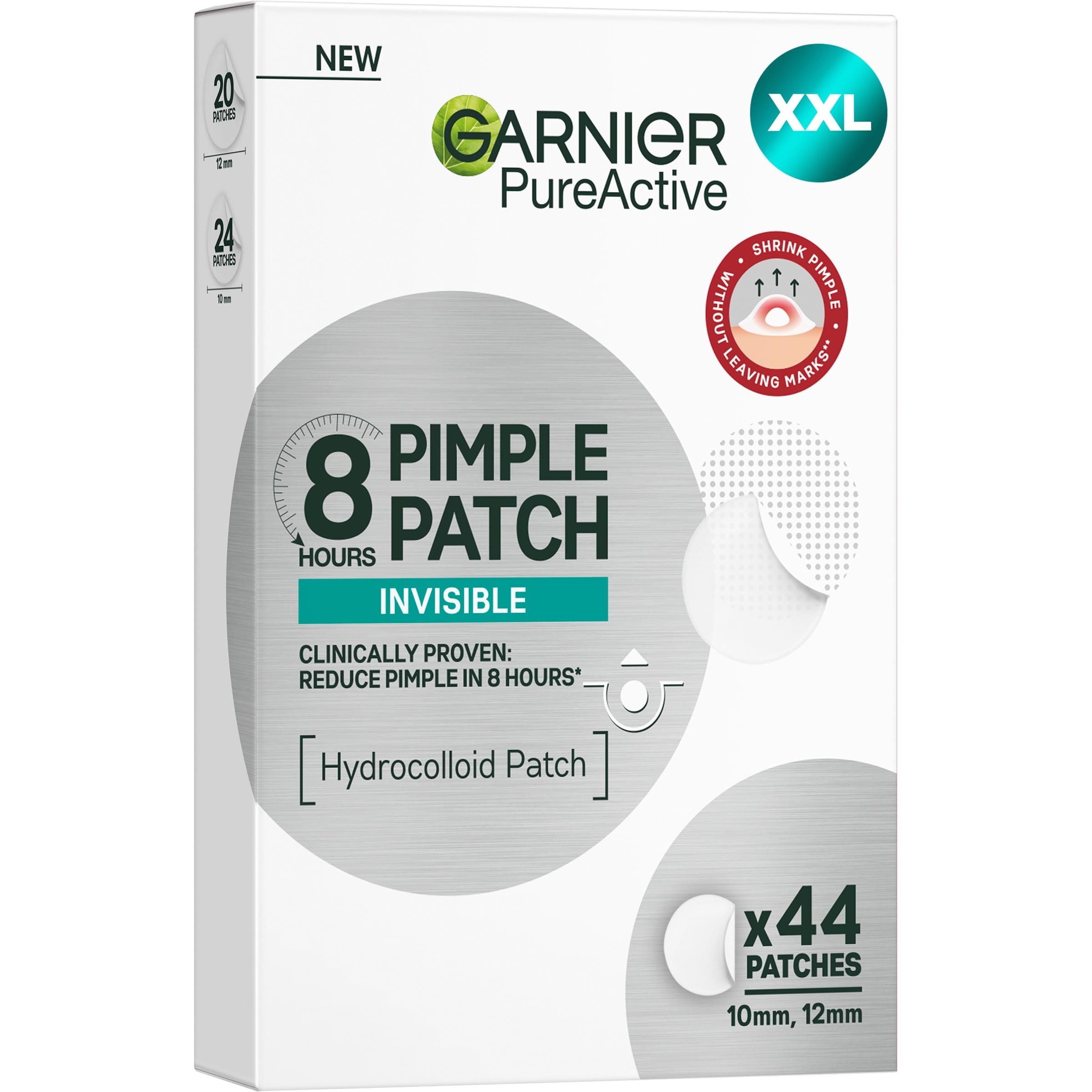 Garnier Hautklar Pimple Patches Invisible, unsichtbare Hydrokolloid Anti Pickel Patches mildern Sichtbarkeit in 8H, XXL Pack mit 44 Stück, gezielt gegen Pickel & Akne