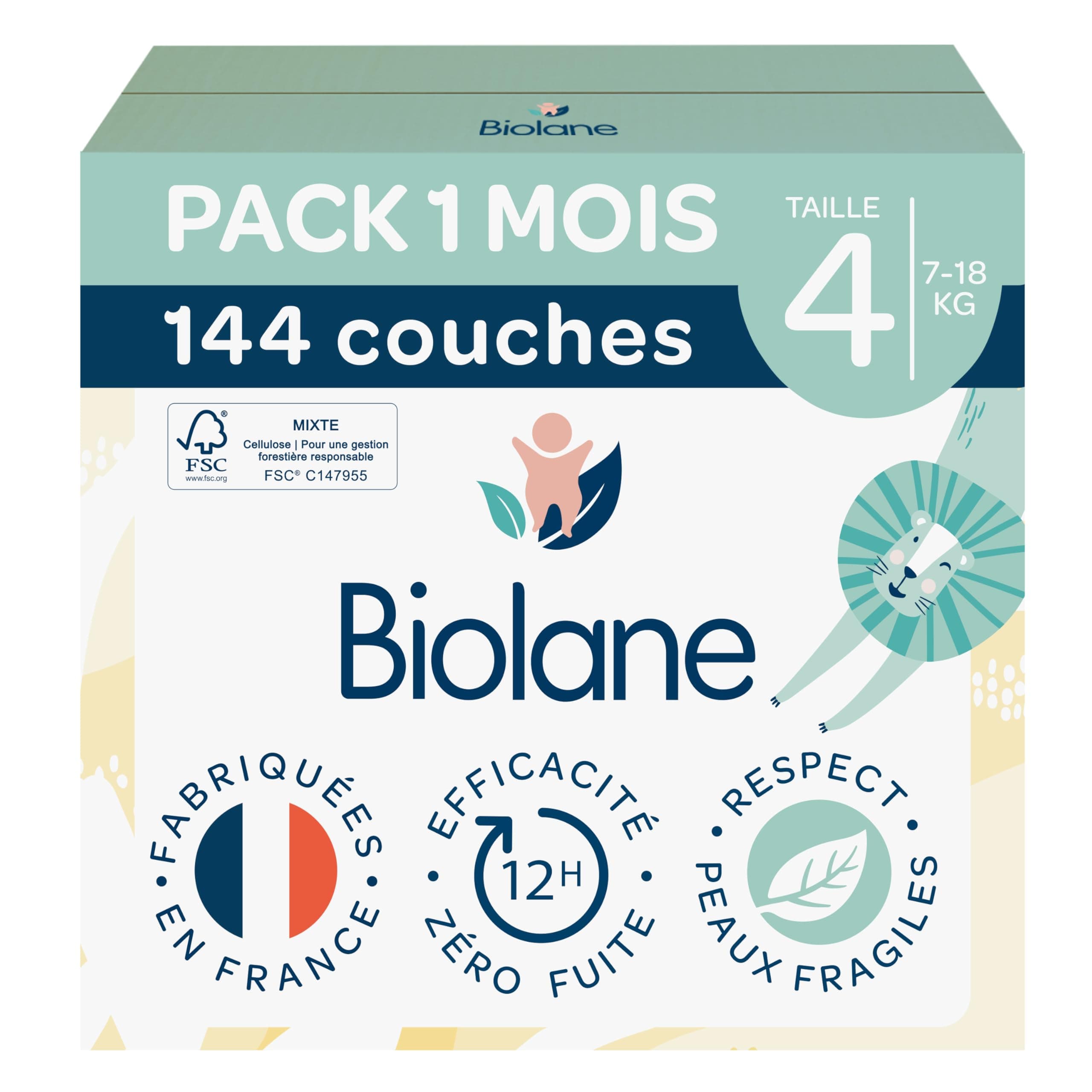 BIOLANE - Couches bébé taille 4 - (7-18 kg) - Peaux Sensibles - Ultra-Absorbant, Pas de Fuite, jusqu'à 12h au Sec - Confort & Protection - Pack 1 mois 144 couches - Fabriqué en France