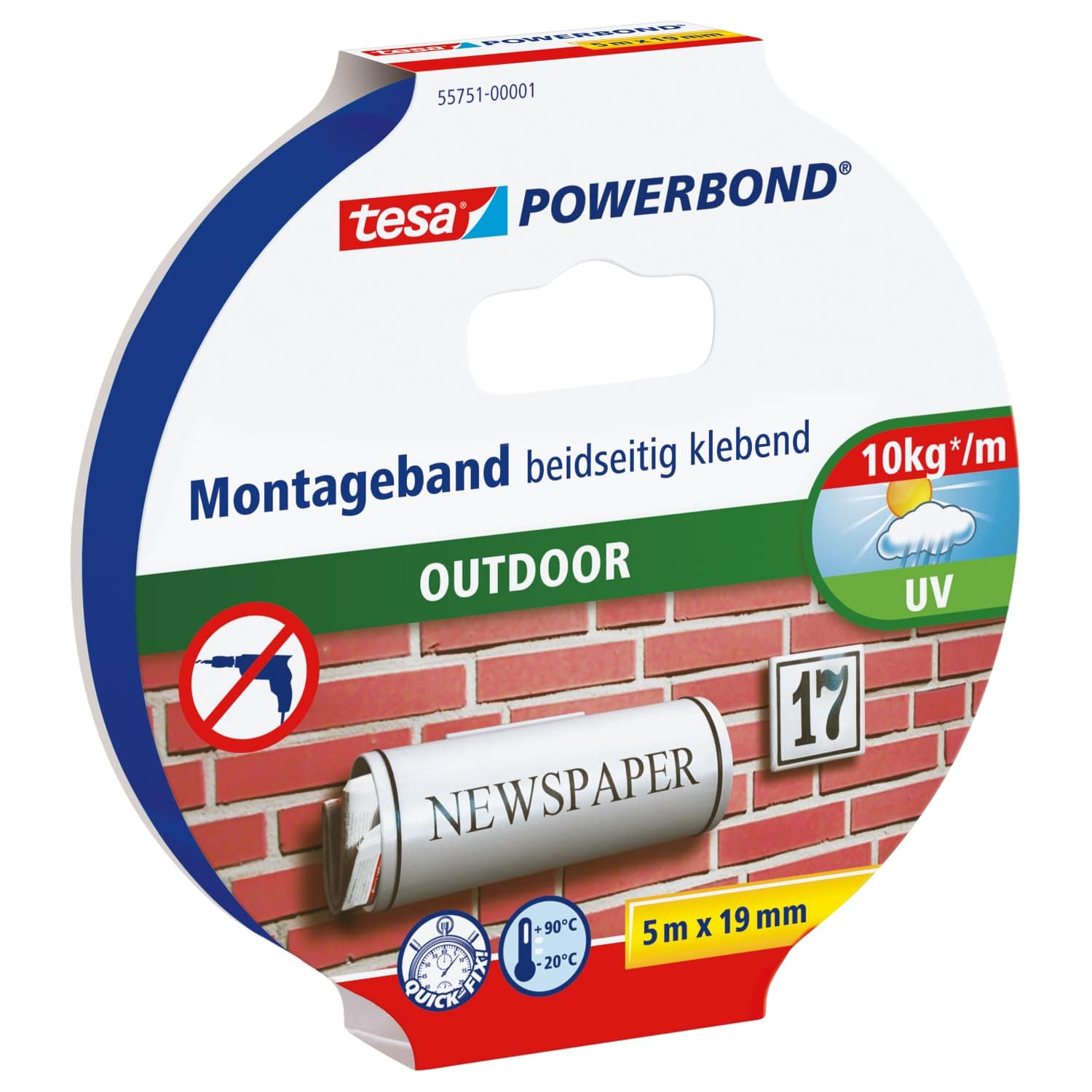 tesa Powerbond Outdoor - Doppelseitiges Montageband für den Außenbereich - Wasserfestes, starkes, UV-beständiges Klebeband - 5 m x 19 mm