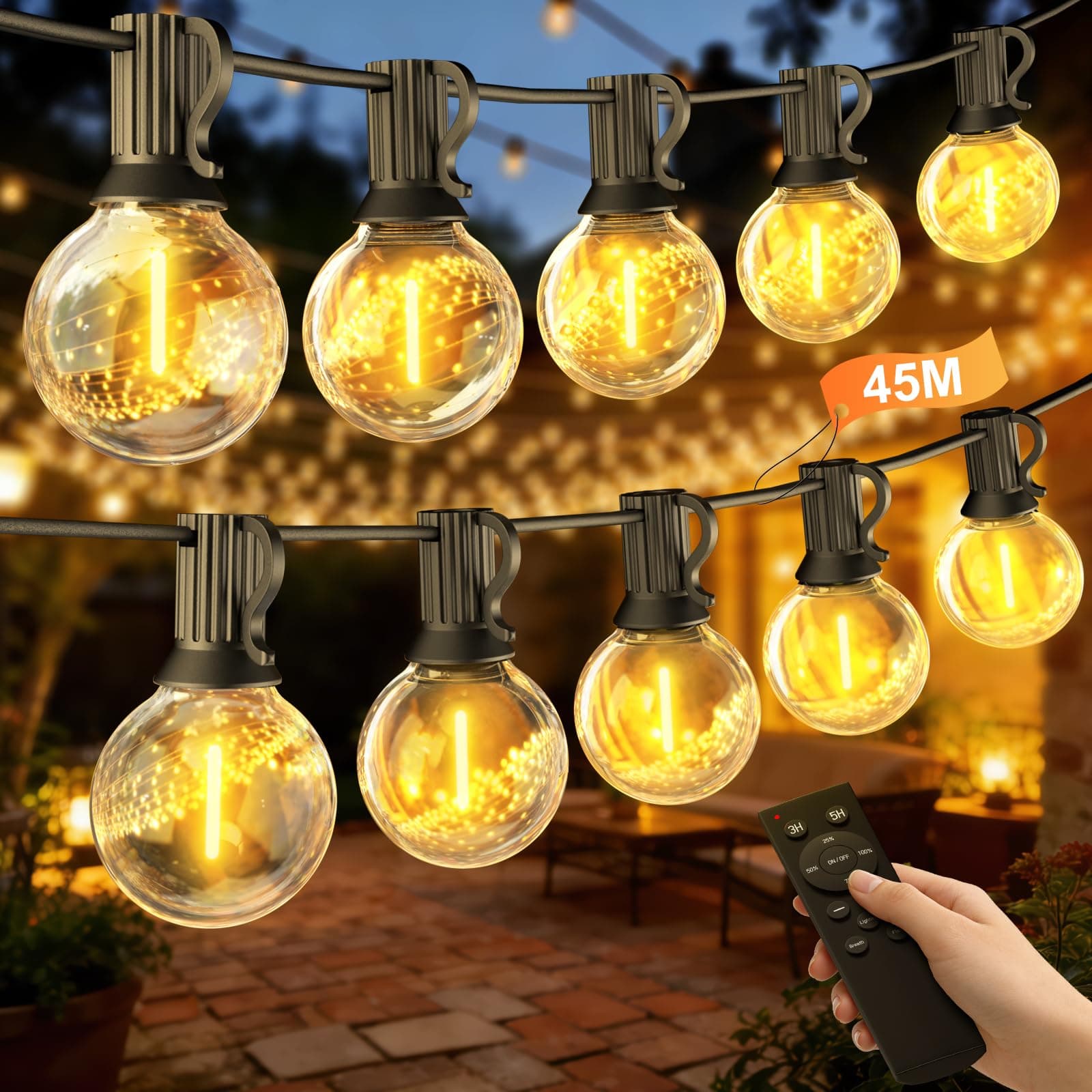 Guirlande Lumineuse Guinguette Exterieur avec Télécommande, 45,7M Guirlande LED Jardin Exterieur avec G40 LED Ampoules, 3 Modes, Minuteur, Lumiere Exterieur pour Terrasse Patio Jardin Mariage Camping