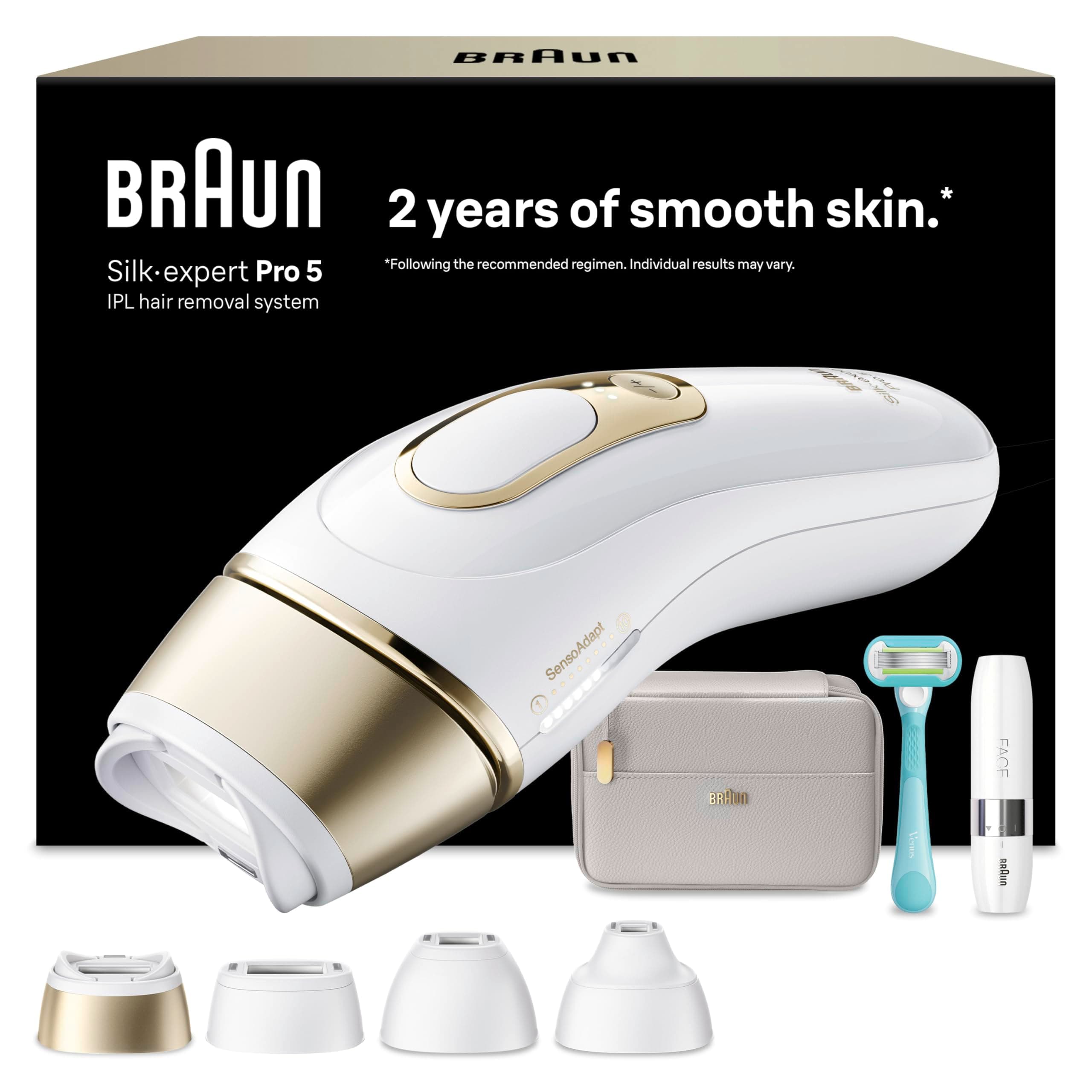 Braun Silk·expert Pro 5, Epilatore Luce Pulsata Smart, Epilazione Laser Peli Donna A Casa, Riduzione Permanente Dei Peli, Con 4 Testine, Custodia, Mini Depilatore Viso, Rasoio Gillette Venus, PL5412