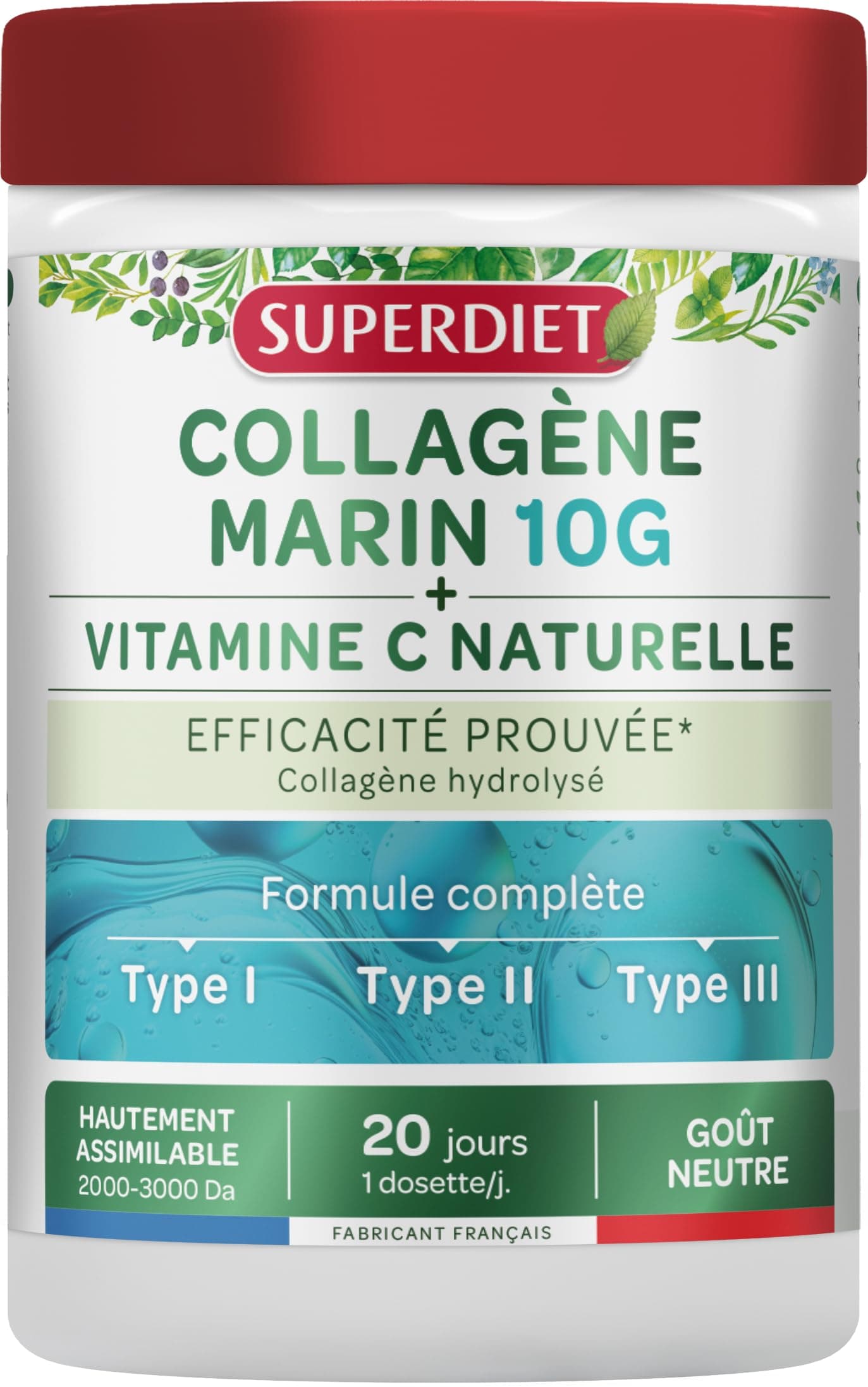 SUPERDIET - COLLAGÈNE MARIN + VITAMINE C NATURELLE - Sans arôme - Peau, articulations, muscles - Fabrication française - Poudre 210g