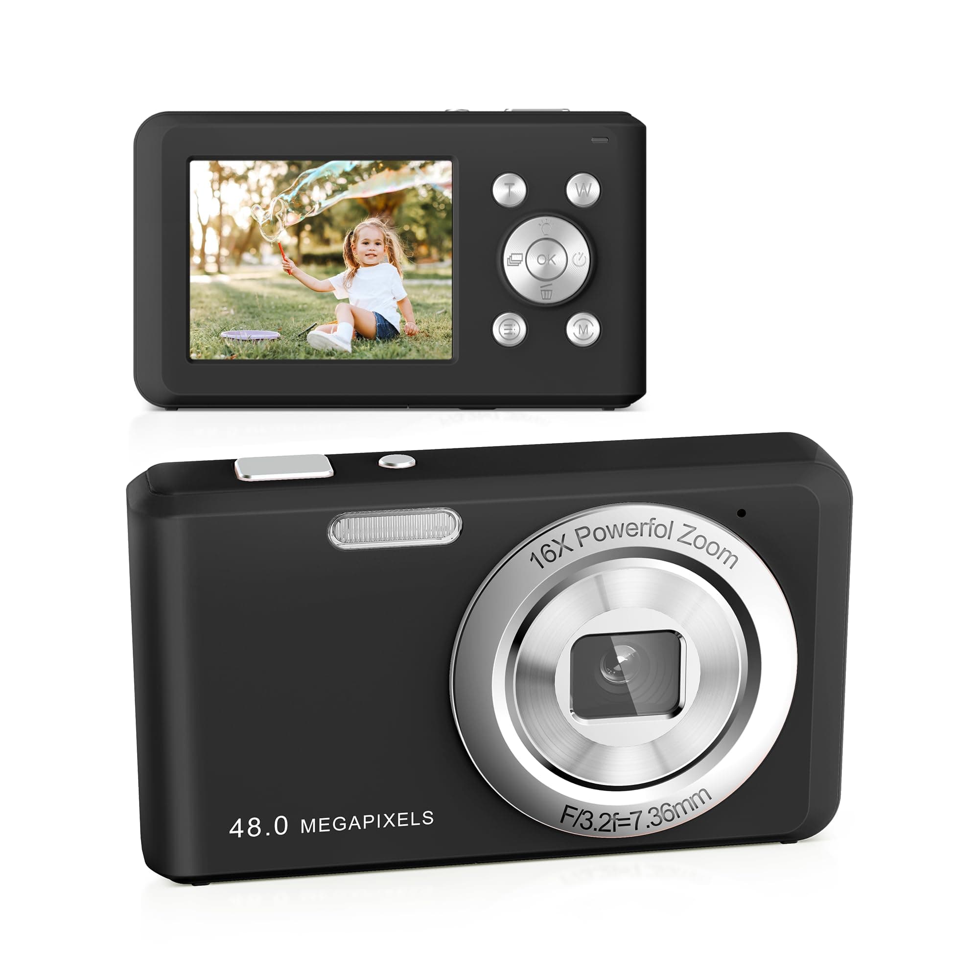 Appareil Photo Numérique, HD 1080P avec Carte Mémoire 32 Go, Appareil Photo 48 Mégapixels, écran LCD 2,4 Pouces, Zoom Numérique 16x pour Les Enfants, Les Filles, Les Adolescents(Noir)
