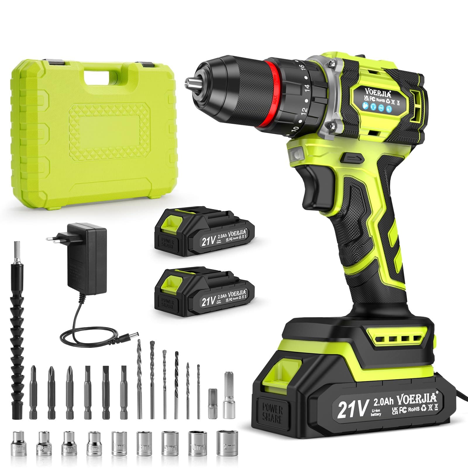 VOERJIA Perceuse Visseuse Sans Fil 21V, Perceuse Percussion Brushless 60Nm, 2 Batteries 2000mAh, 21+3 Couples, Mandrin 10mm, 2 Vitesses, LED, 29 Accessoires et Coffret