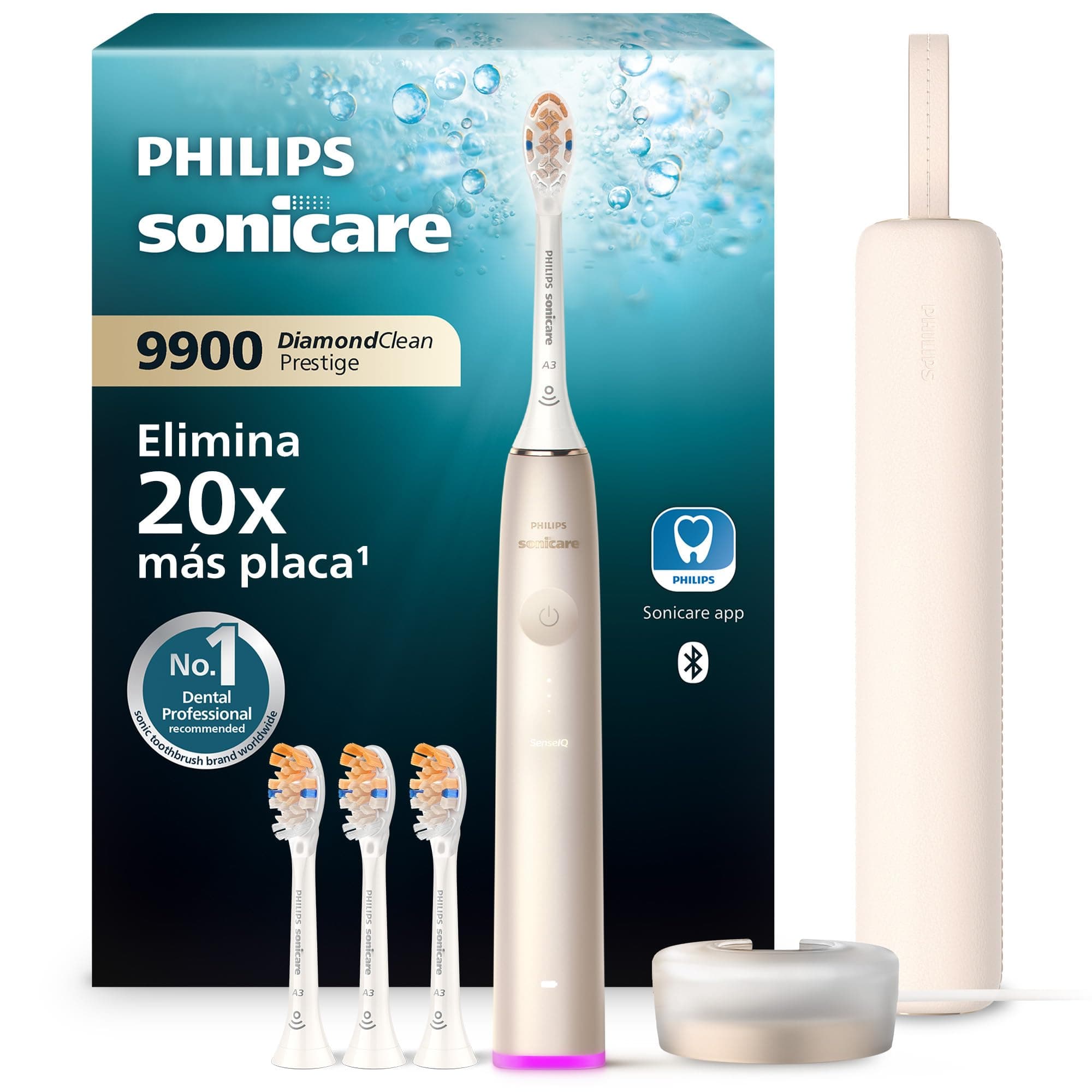 Philips Sonicare DiamondClean 9900 Prestige cepillo dental eléctrico, con tecnología SenseIQ y aplicación, 5 modos de cepillado, estuche de viaje con carga, color champán, modelo HX9992/44
