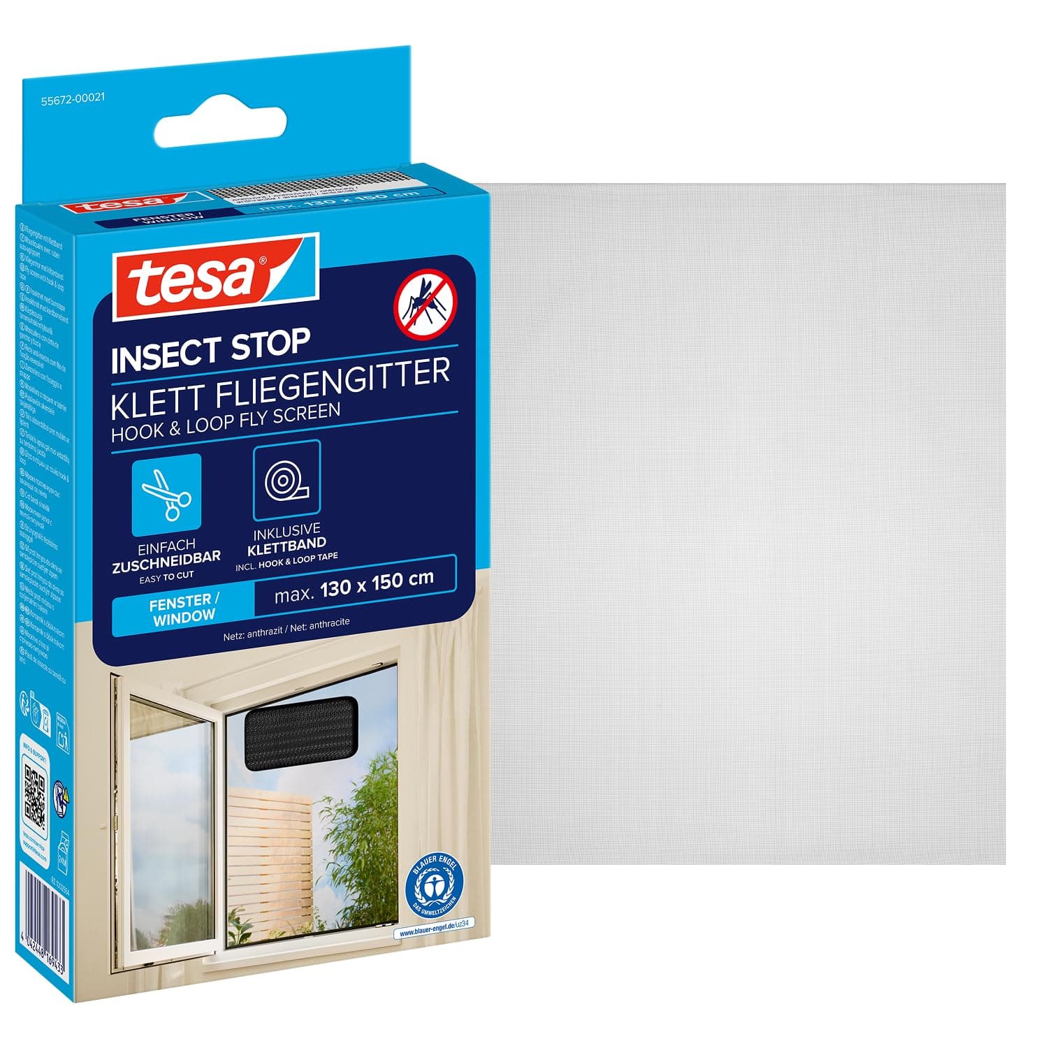 tesa Insect Stop Klett Fliegengitter für Fenster - Insektenschutz mit Klettband, zuschneidbar - Mückenschutz ohne Bohren - 1 x Fliegen Netz - 130 cm x 150 cm - Anthrazit