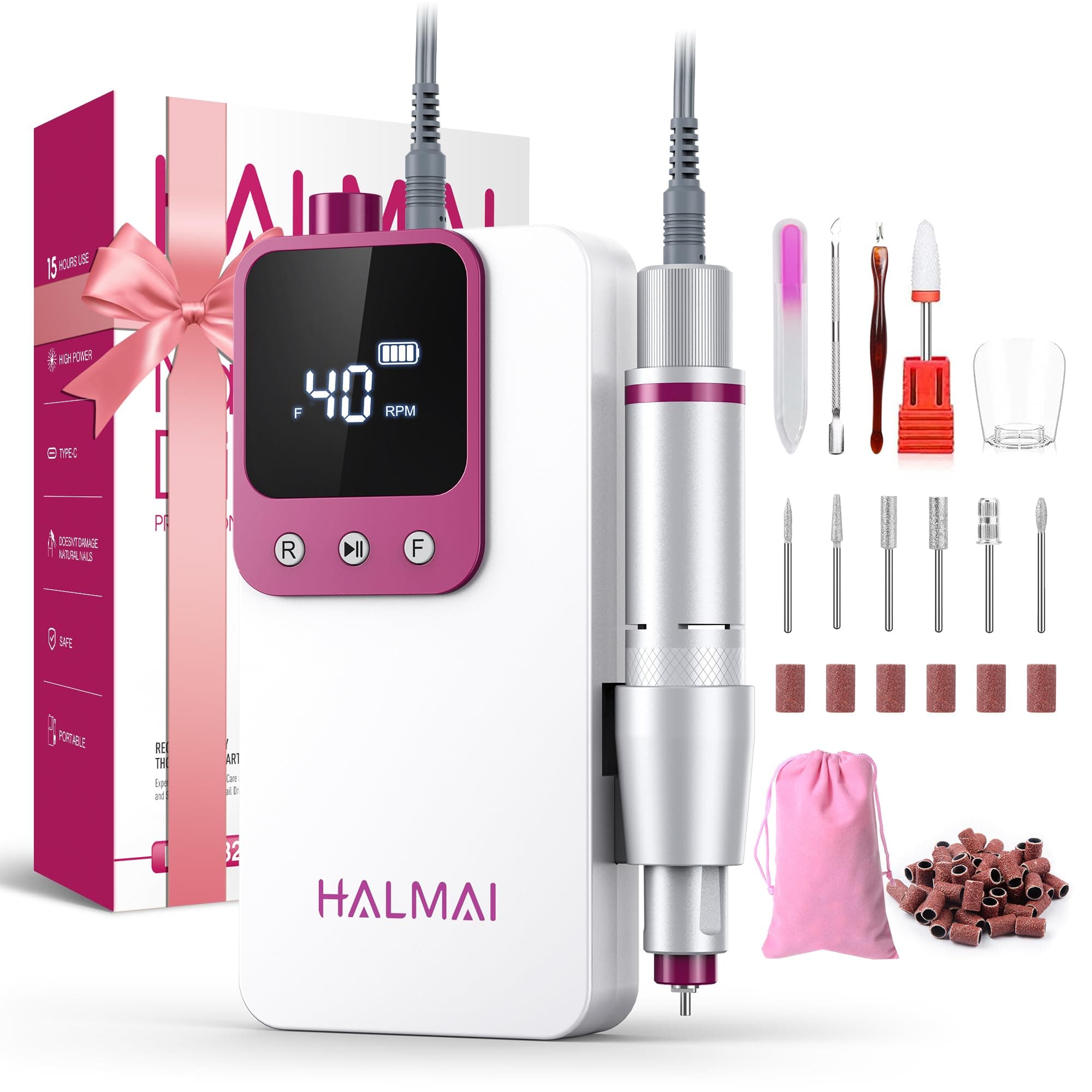 HALMAI Ponceuse pour ongles professionnelle, Lime à ongles portable en gel acrylique, Ponceuse à ongles sans fil rechargeable 40000RPM, HMC320, machine à ongles de qualité salon (White)