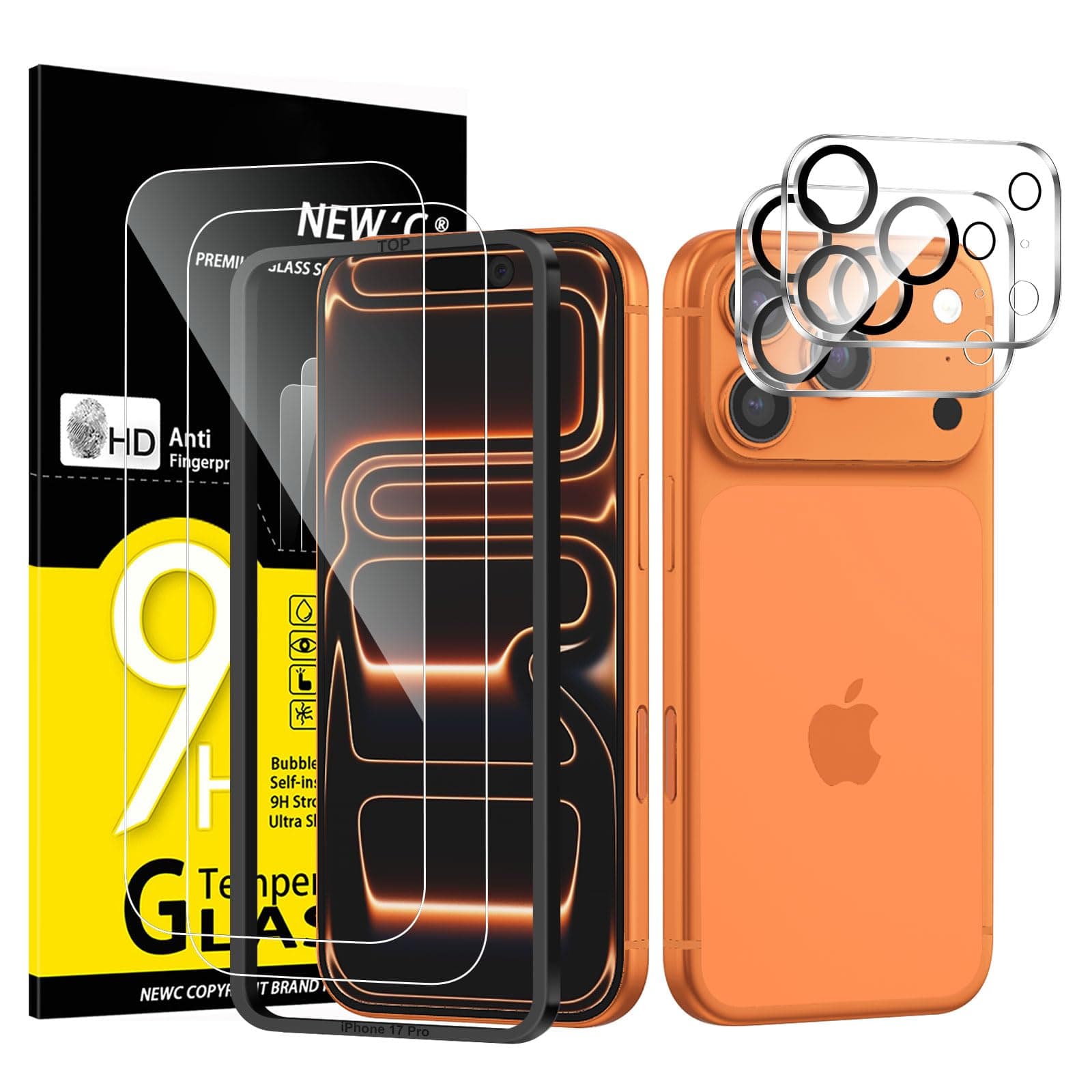 NEW'C 2 x Protector Pantalla para iPhone 17 Pro (6,3 Pulgadas) y 2 x Protector Pantalla Protector de Lente de Cámara - Cristal Templado - Ultra Resistente - Herramienta de instalación fácil incluida