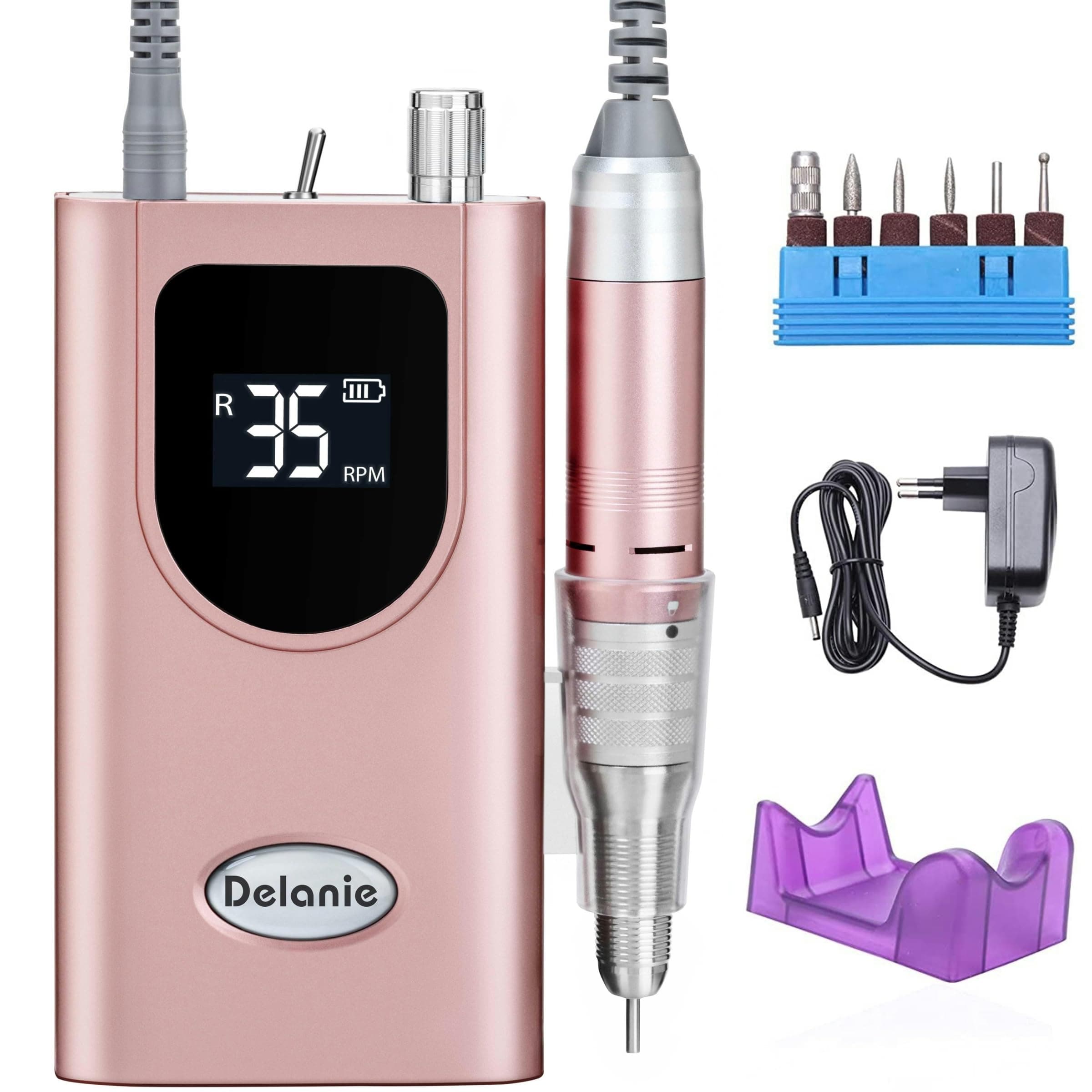 Delanie Ponceuse pour Ongles Professionnelle 35000 RPM Portable Rechargeable Avec Affichage LCD et 6 Embouts Ponçage pour Pédicure Manucure, Puissante, Silencieuse pour Salon/Maison