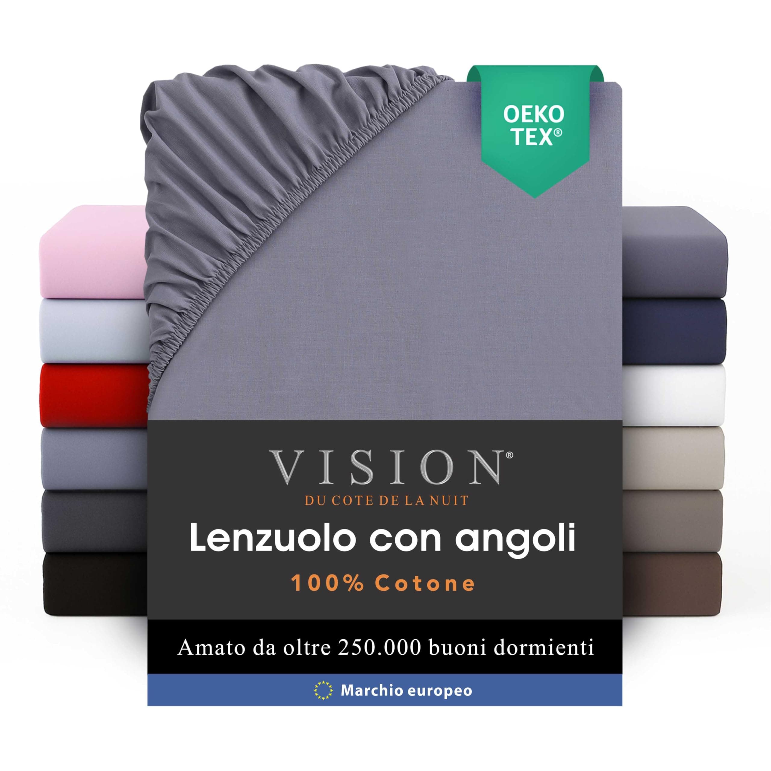 VISION Lenzuolo con angoli - 100% cotone - Letto matrimoniale (160 x 200 cm) - Angoli elasticizzati - Adatto a materassi fino a 25 cm - Certificato Oeko-Tex - Lavabile in lavatrice - Colore: grigio