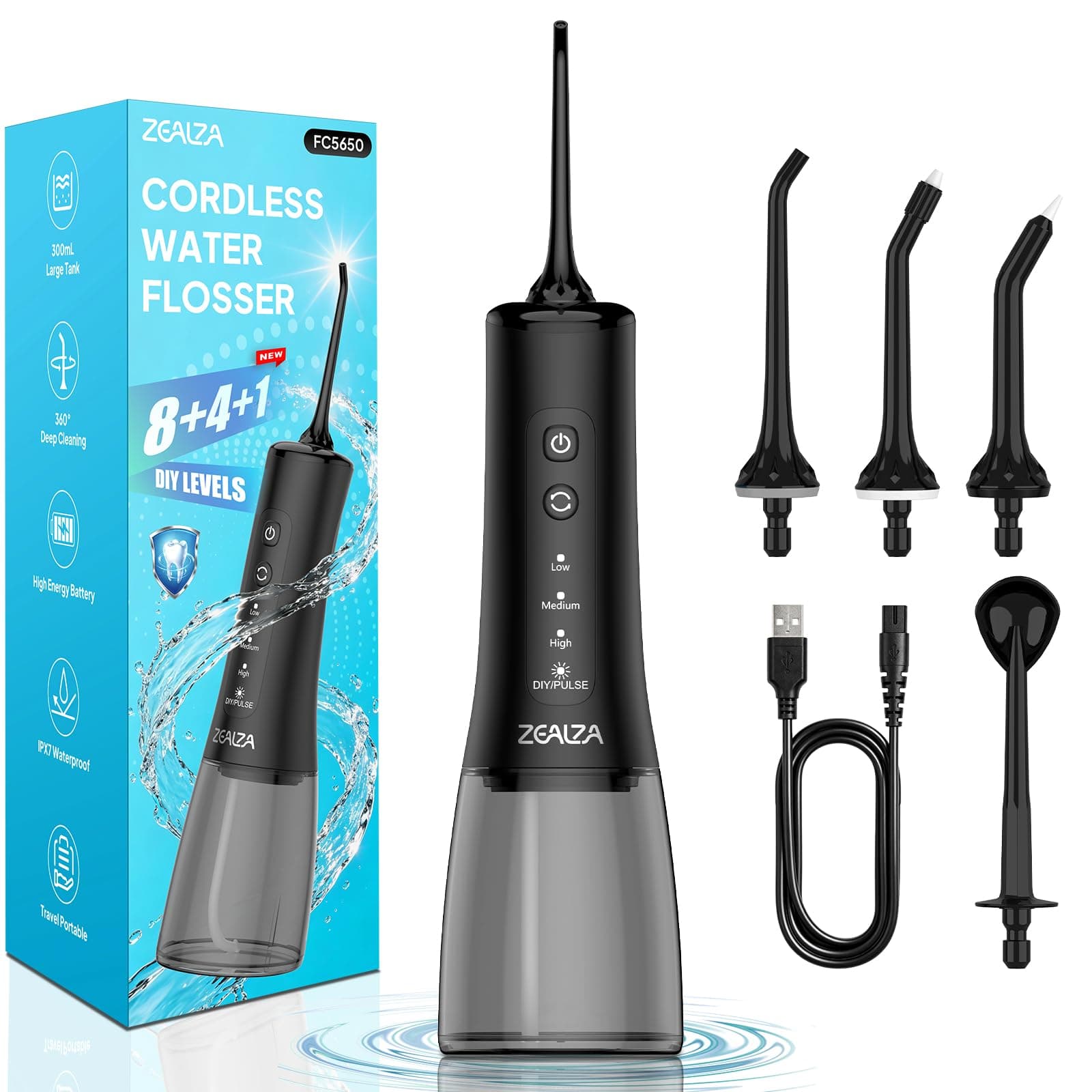 Zealza Jet Dentaire Hydropulseur DIY 13 Modes Water Flosser 300 ML Sans Fil | Hydropulseur Dentaire Portable, 5 Buses 360° Rotatives, IPX7 Étanche, Orthodontie & Gencives Sensibles, Maison Voyage, Noir