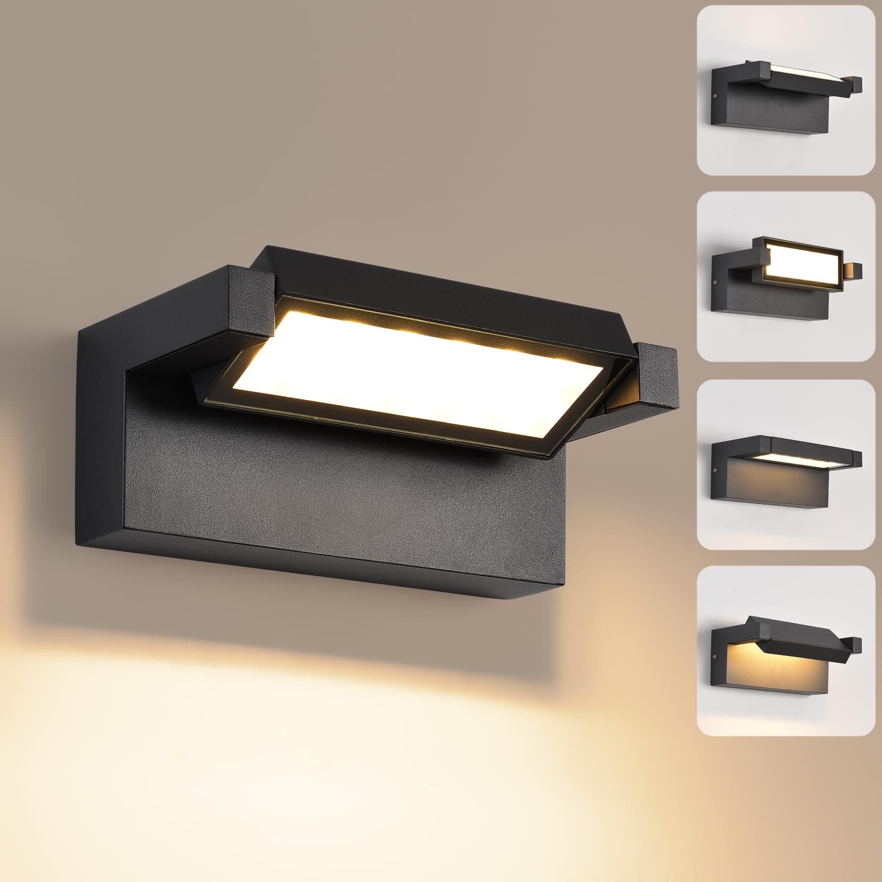 KUKAK Aplique Pared Exterior e Interior LED de 22W,Aplique de Pared Impermeable IP65,Luz de Exterior de 3000K Blanco Cálido,Luz Exterior con Panel Orientable de 350° Para Jardín,Terraza,Balcón,Negro