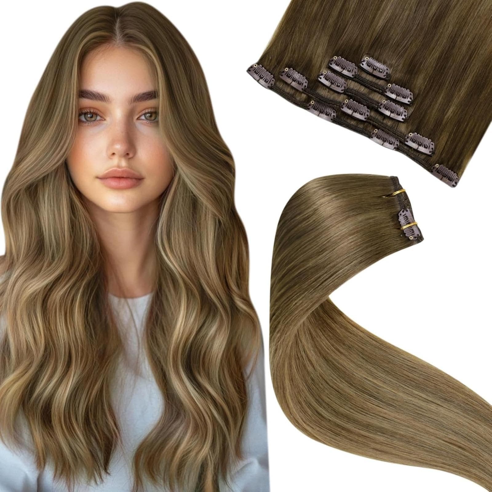 LaaVoo Extension Cheveux Naturel Clip 55cm Blond Balayage Clair Mélange Marron Doré 5pcs Extension a Clip Cheveux Vrai Humain Brun Medium Ombre Clair 80g Remy #6/8/14