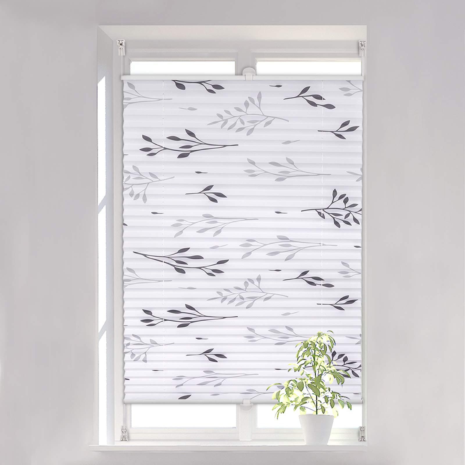 WOLTU Plissee Faltrollo Klemmfix ohne Bohren 85x130 cm Grau, Plisseerollo Easyfix mit Klemmträger, Fensterrollo mit Zweigmotiv Blickdicht Sichtschutz Sonnenschutz, Jalousie Rollo für Tür & Fenster