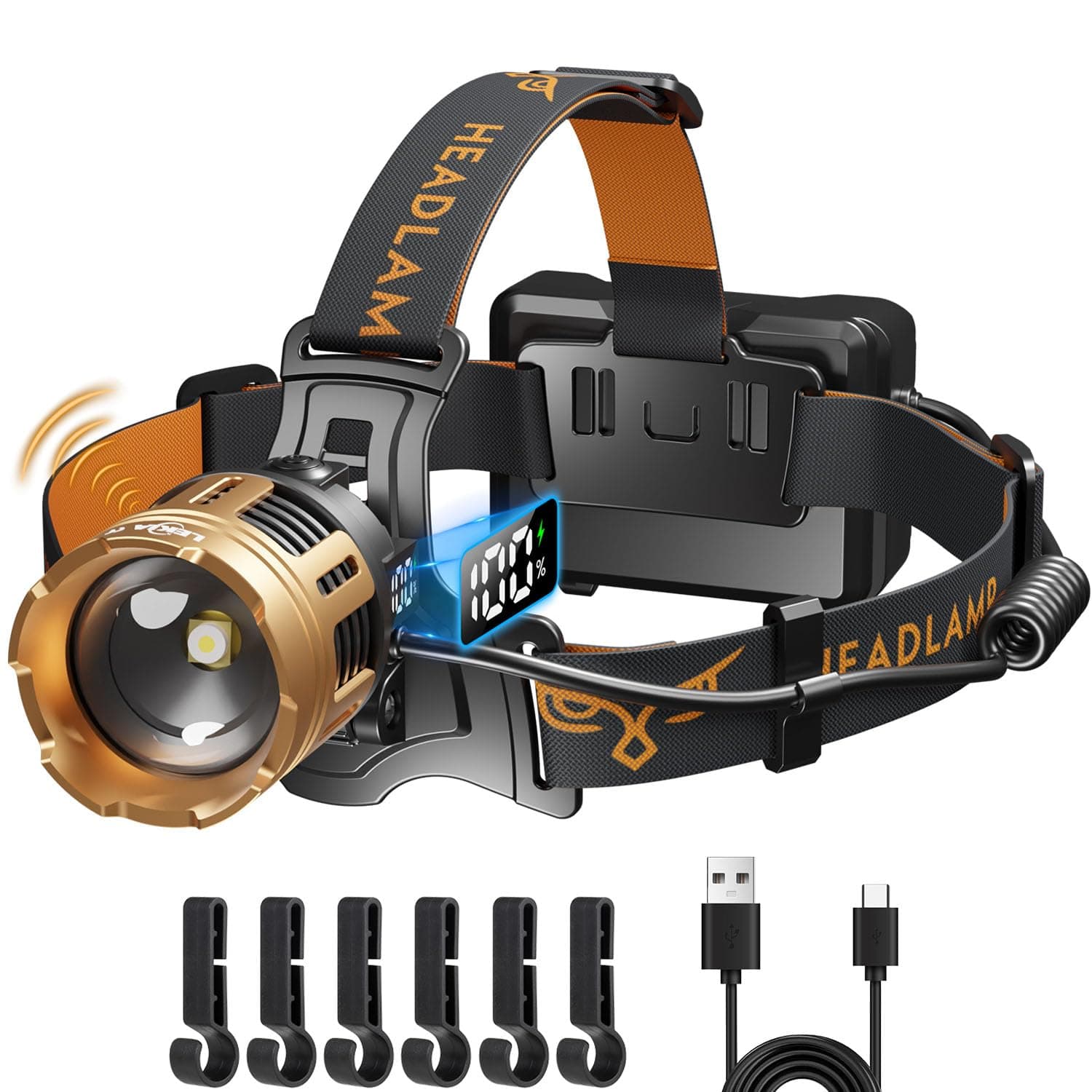 LEKIA Lampe Frontale LED Ultra Puissante, Rechargeable Camping Lampe Frontale 100000LM avec Détecteur de Mouvement, 7 Modes Zoomable Frontale Réglable à 90 °, Batterie 9000mAh Étanche Lampe Camping