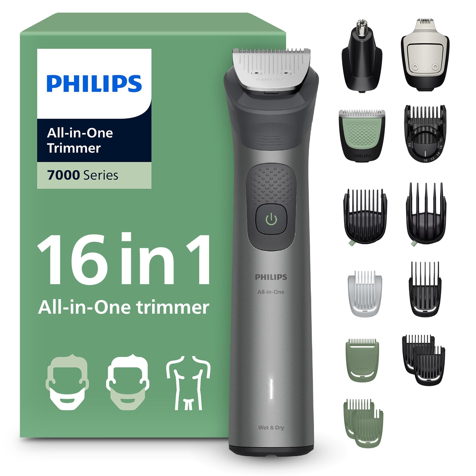 Philips Recortadora todo en uno de 16 en 1 Serie 7000 - Afeitadora y cortapelos hombre para rostro, cabeza y cuerpo, cuchillas de acero autoafilables, 21 longitudes, recargable, MG7931/15