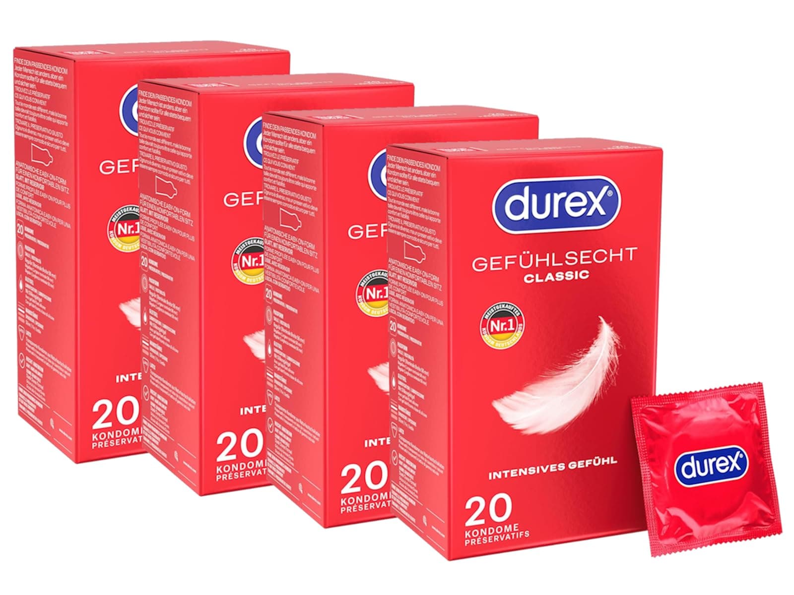 Durex Gefühlsecht Classic Kondome – Perfekter Sitz & leichtes Abrollen mit zuverlässigen Schutz – Hauchzarte, Dünn, befeuchtet, transparent Kondome mit angenehmer Geruch – 4 x 20 Stück (20er Pack)