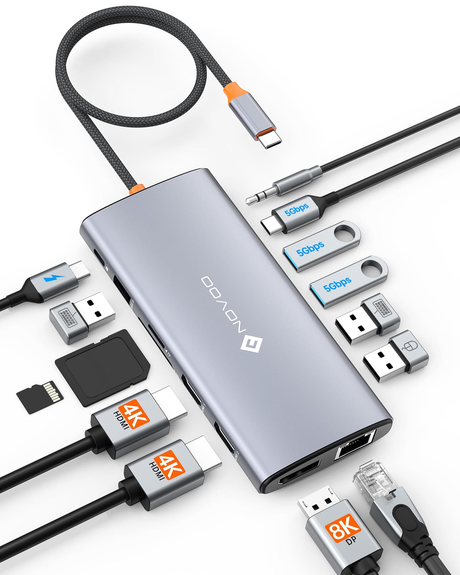 NOVOO Estación de acoplamiento con triple pantalla, 14 en 1 de USB C a doble HDMI 4K 60Hz Adaptador con DP 8K a 30Hz, 6 puertos USB C/A, PD de 100W, RJ45, SD/TF, 3.5 mm Audio para MacBook/Dell/HP