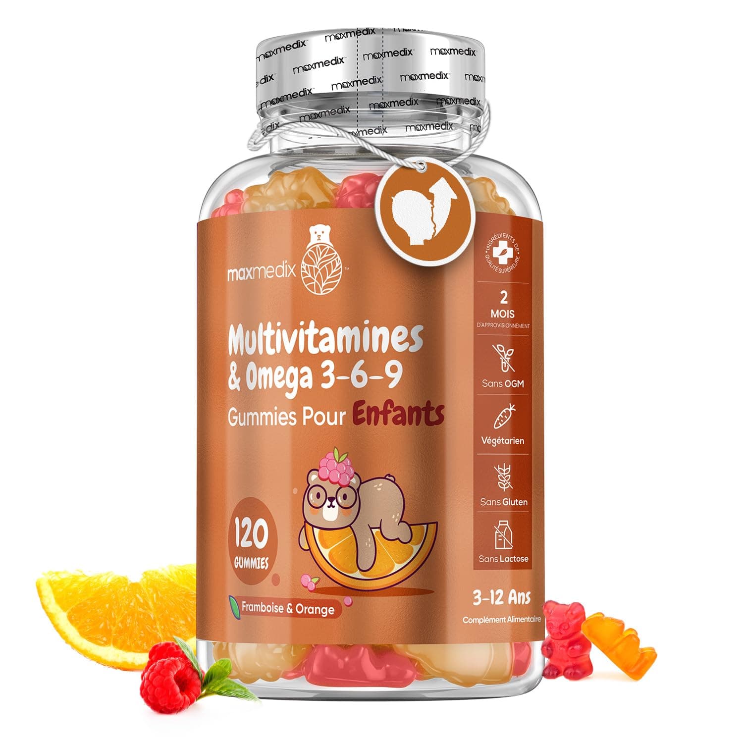 Multivitamines et Minéraux avec Oméga 3 6 9, 120 Gummies Enfants Dès 3 Ans, Avec 17 Nutriments Vitamine C, D, B12, B6, A et Zinc, Pour Immunité, Croissance et Os EFSA, Goût Framboise et Orange