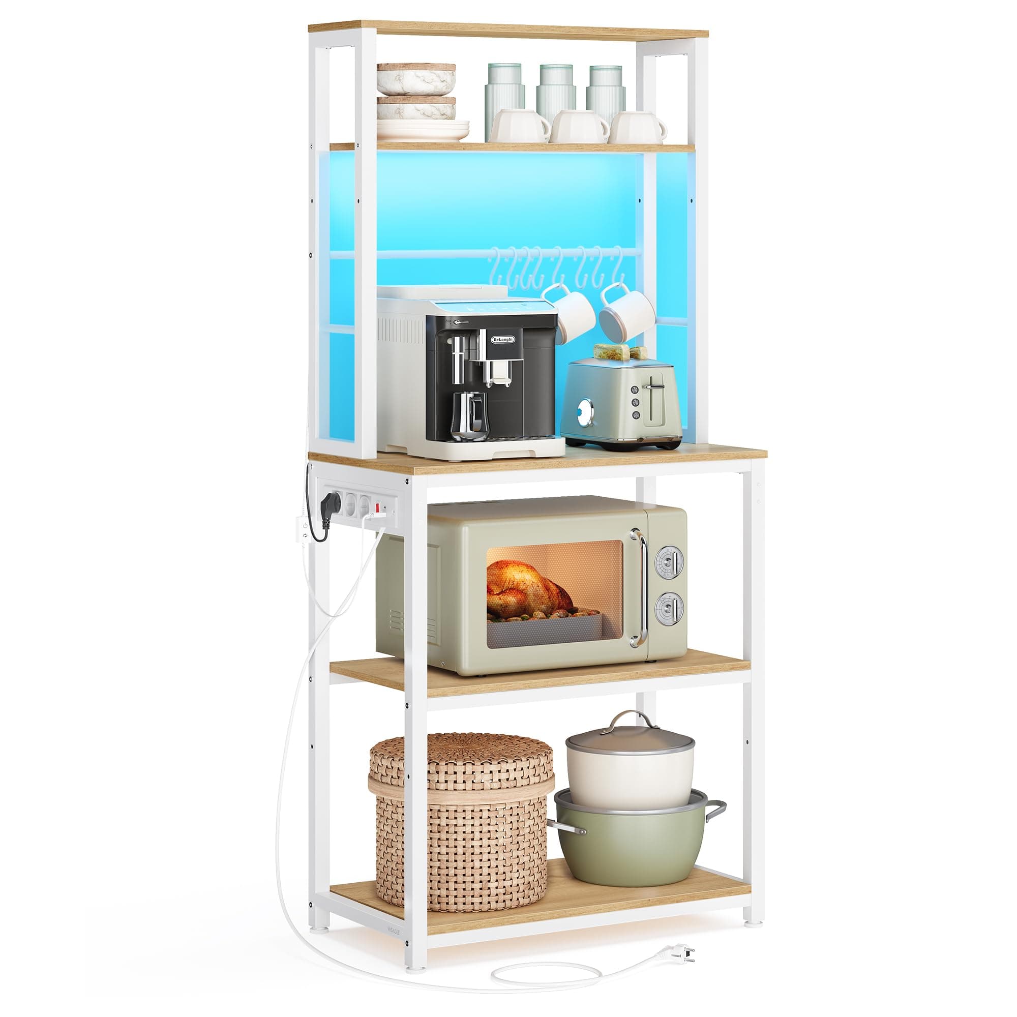 VASAGLE Étagère de Cuisine avec LED, Meuble de Cuisine avec Multiprise, Support pour Micro-Ondes avec Étagères Réglables, 8 Crochets, 40 x 60 x 168,4 cm, Doré Chêne et Blanc Mat KKS049YA01