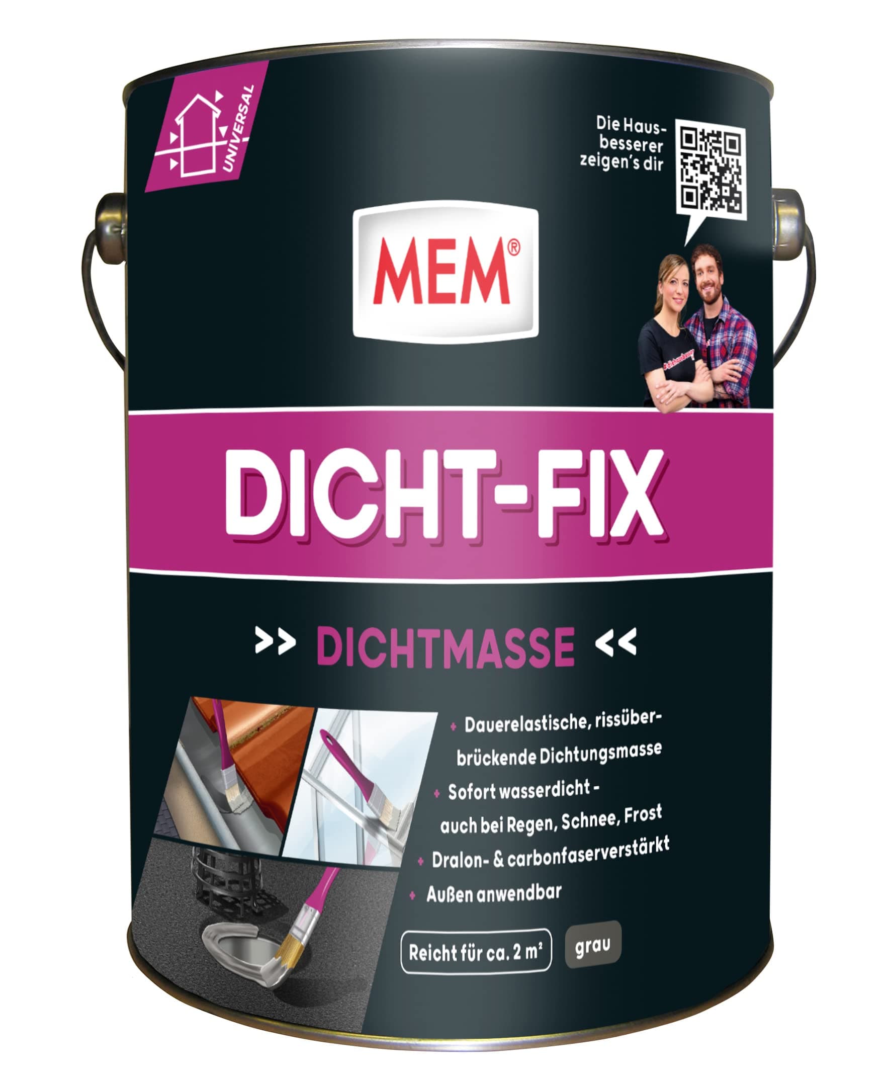 MEM Dicht-Fix, Für alle üblichen Untergründe, Zur Abdichtung von Undichtigkeiten und kleineren Leckstellen, Einfache Anwendung, Gebrauchsfertig, UV-beständig, Grau, 4 Liters